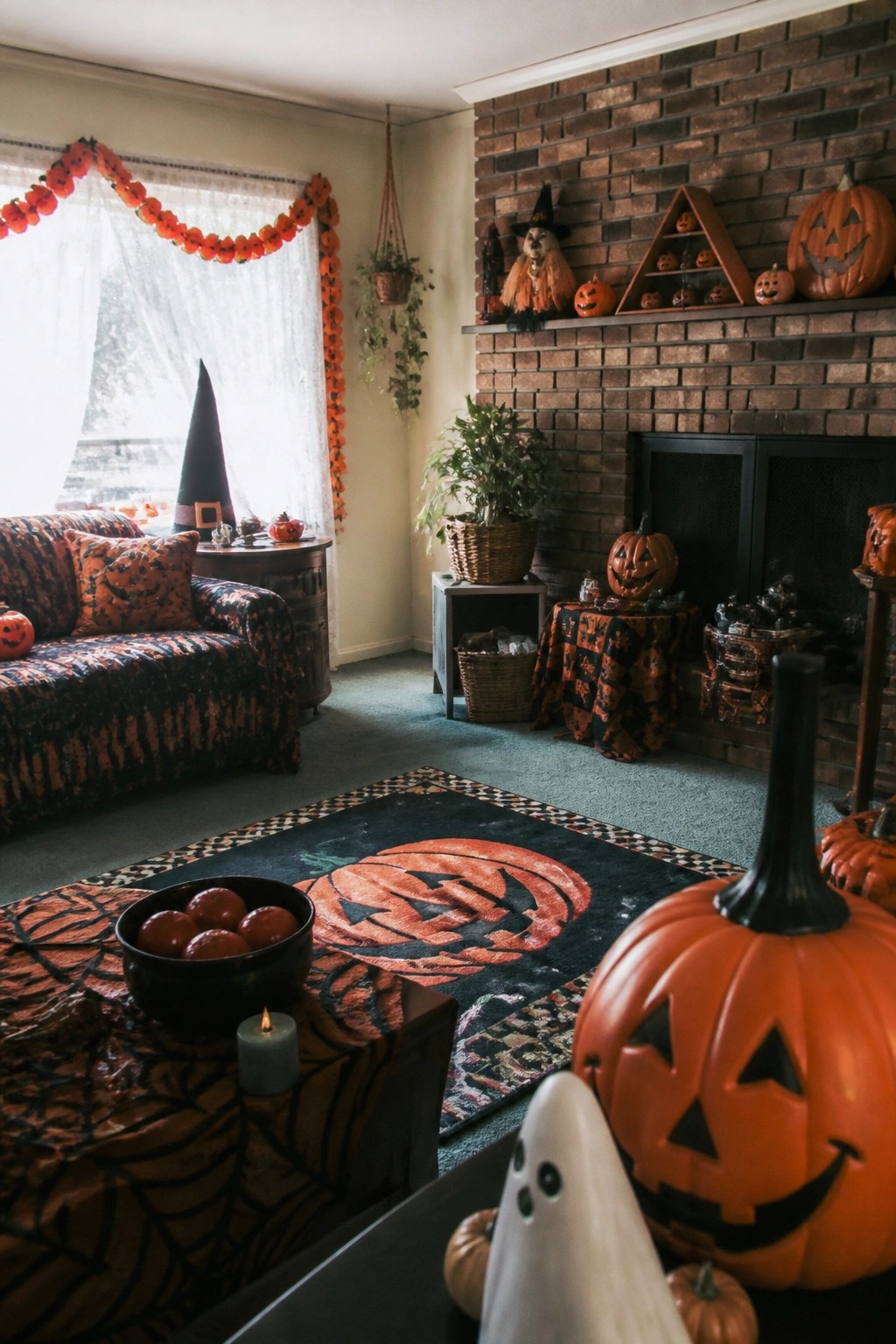 Living room mantel decorated with multiple carved jack o lanterns, a witch figure, and a small triangle shelf of pumpkins above a brick fireplace.