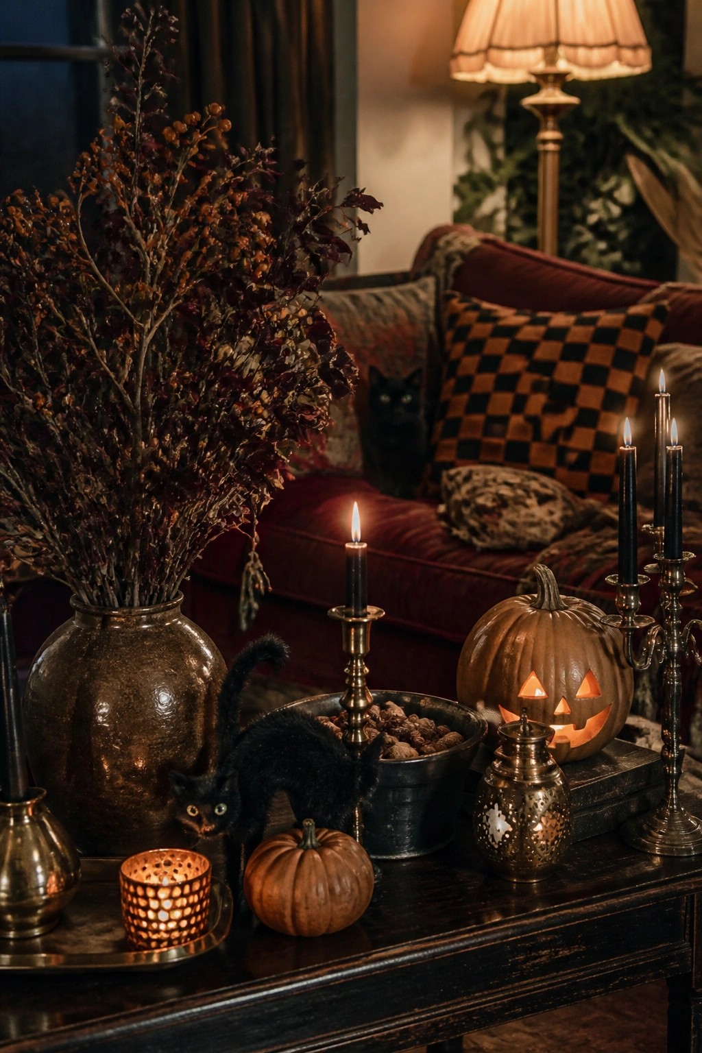 Living room coffee table with carved jack o lanterns, black cat figurines, and black candles arranged on a dark wood surface.