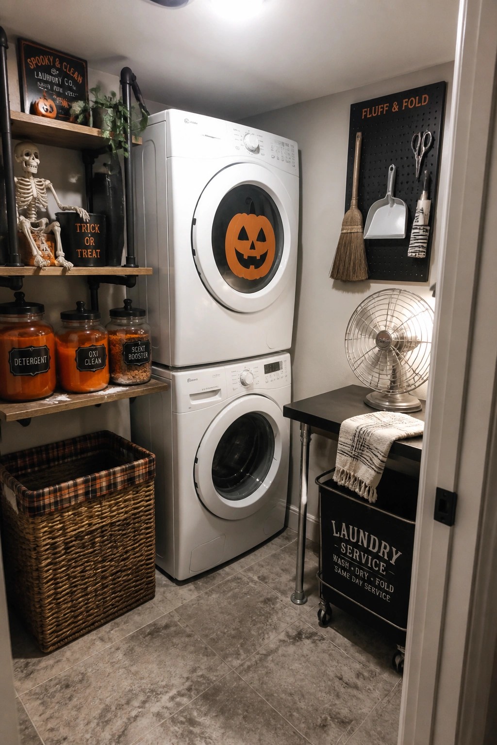 A stacked white washer and dryer in a laundry room decorated with Halloween items including a skeleton on a shelf, pumpkin decal on the dryer door, and orange labeled jars.
