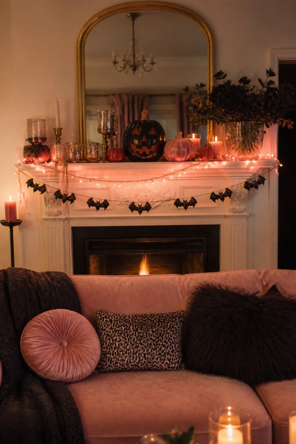 Pink velvet sofa facing Halloween mantel with pumpkins, bats, and string lights