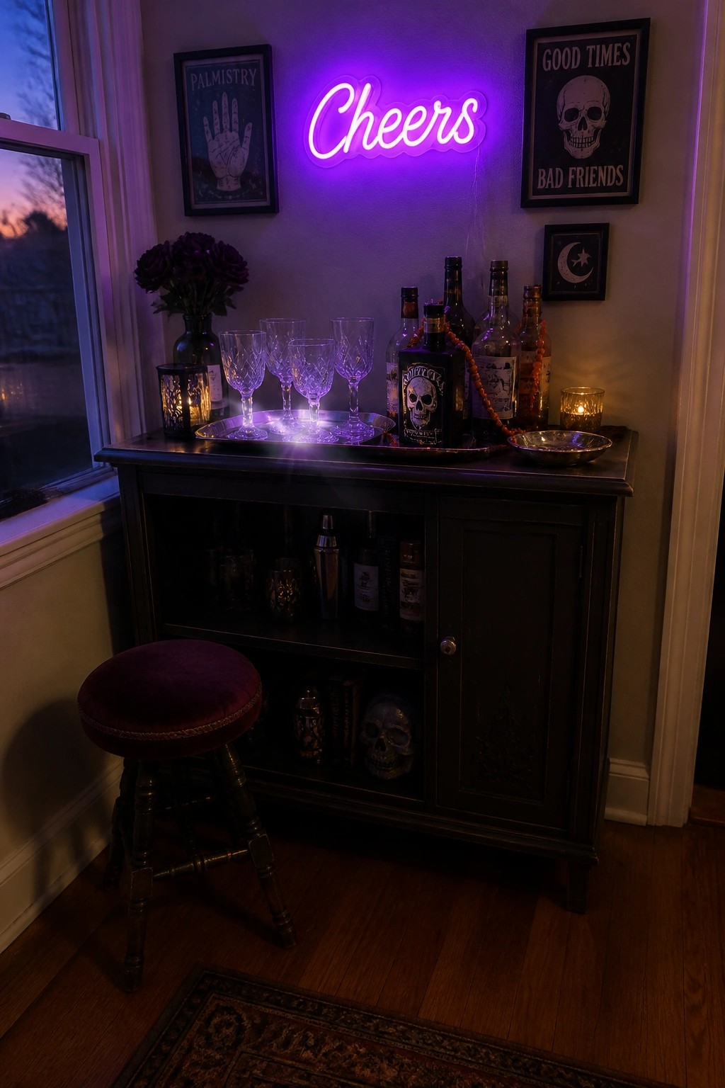 A dark wooden bar cabinet with bottles, purple neon 
