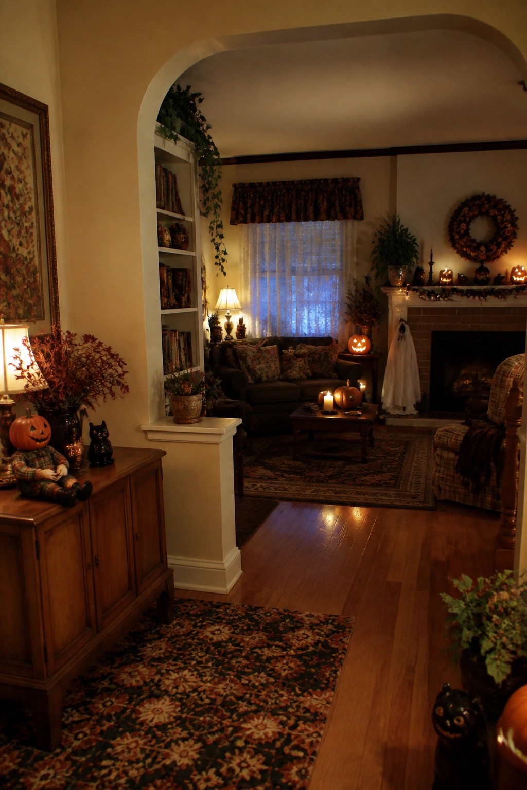 Living room fireplace mantel with a white sheet ghost hanging beside it, a fall wreath, candles, and carved pumpkins on the hearth and nearby table.