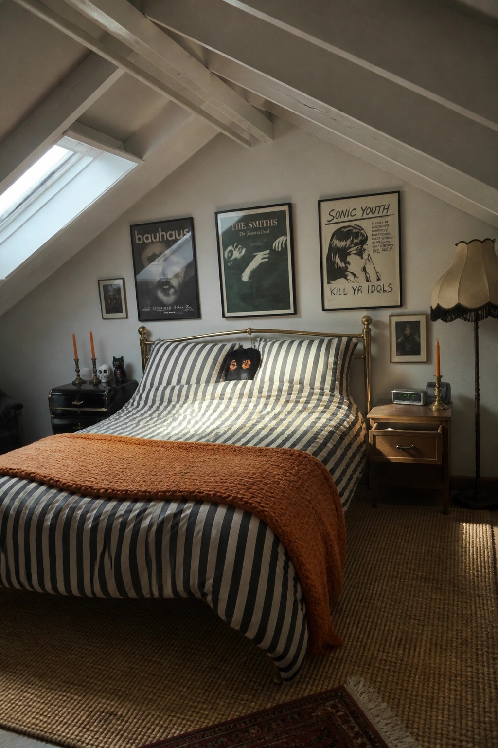 A bedroom with a brass bed covered in black and white striped bedding, an orange throw blanket, and multiple framed band posters on the wall beneath exposed ceiling beams.