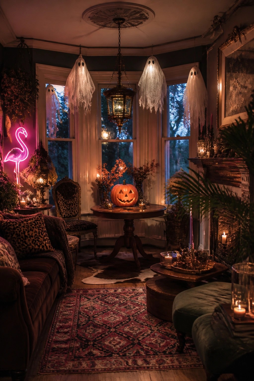 Living room with several white sheet ghosts hanging from the ceiling near a bay window and a carved jack-o'-lantern on a round wooden table.