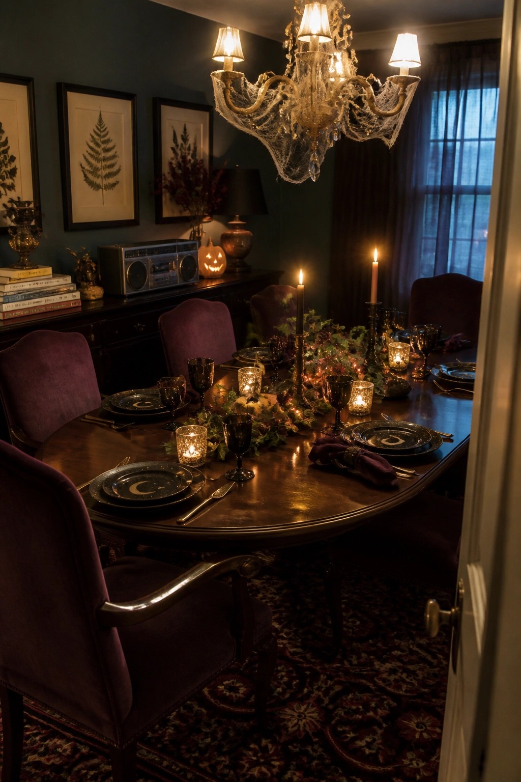 A dark wood dining table set with black plates featuring moon designs, purple velvet chairs, multiple lit candles, and string lights woven through a greenery centerpiece under a spiderweb-draped chandelier.