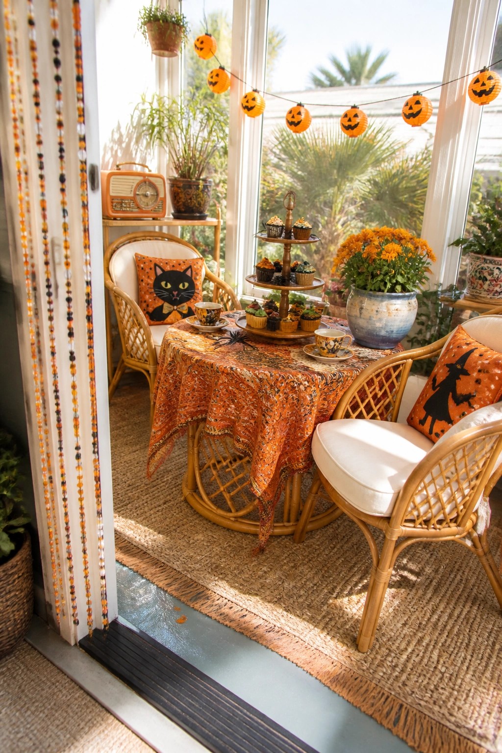 Cozy sunroom with wicker chairs, orange Halloween pillows, pumpkin lights, and cupcake table.