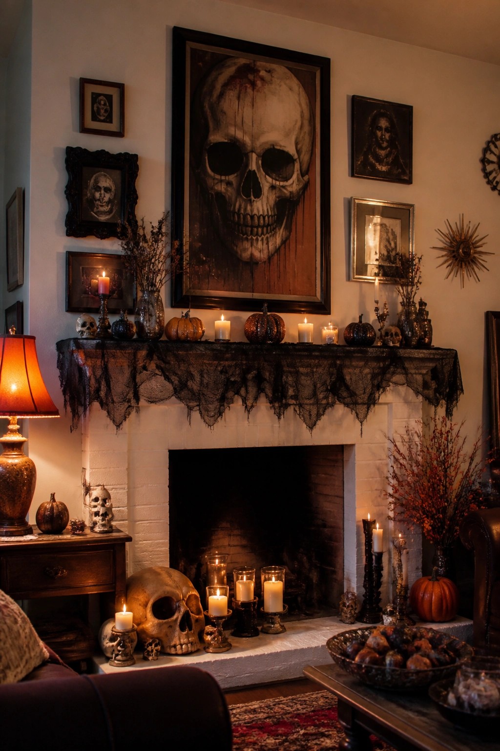 Living room fireplace mantel decorated with multiple skulls, black lace, pumpkins, and candles beneath a large skull painting.
