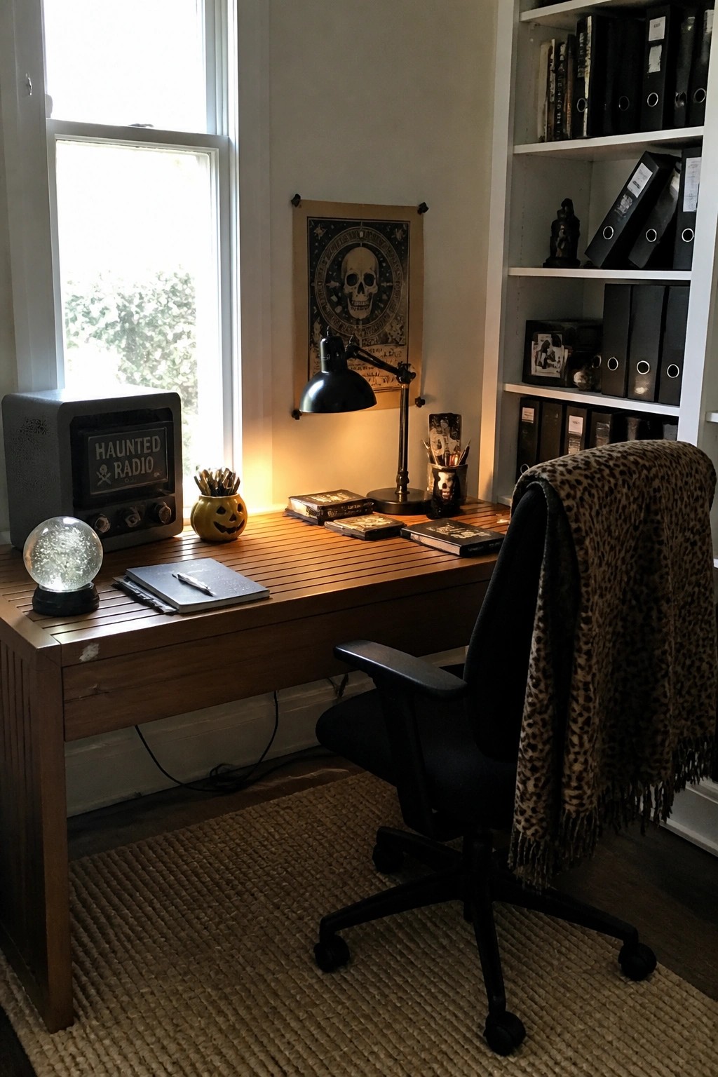 A wooden desk setup with a black desk lamp, skull poster above it, haunted radio, pumpkin pencil holder, snow globe, books, and a black office chair draped with a leopard print throw, positioned in front of a window.