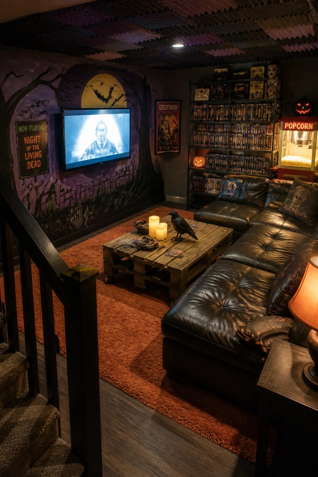 A home media room with a black leather sectional, pallet coffee table, and large TV mounted on a purple wall painted with a spooky graveyard, trees, full moon, and bats.