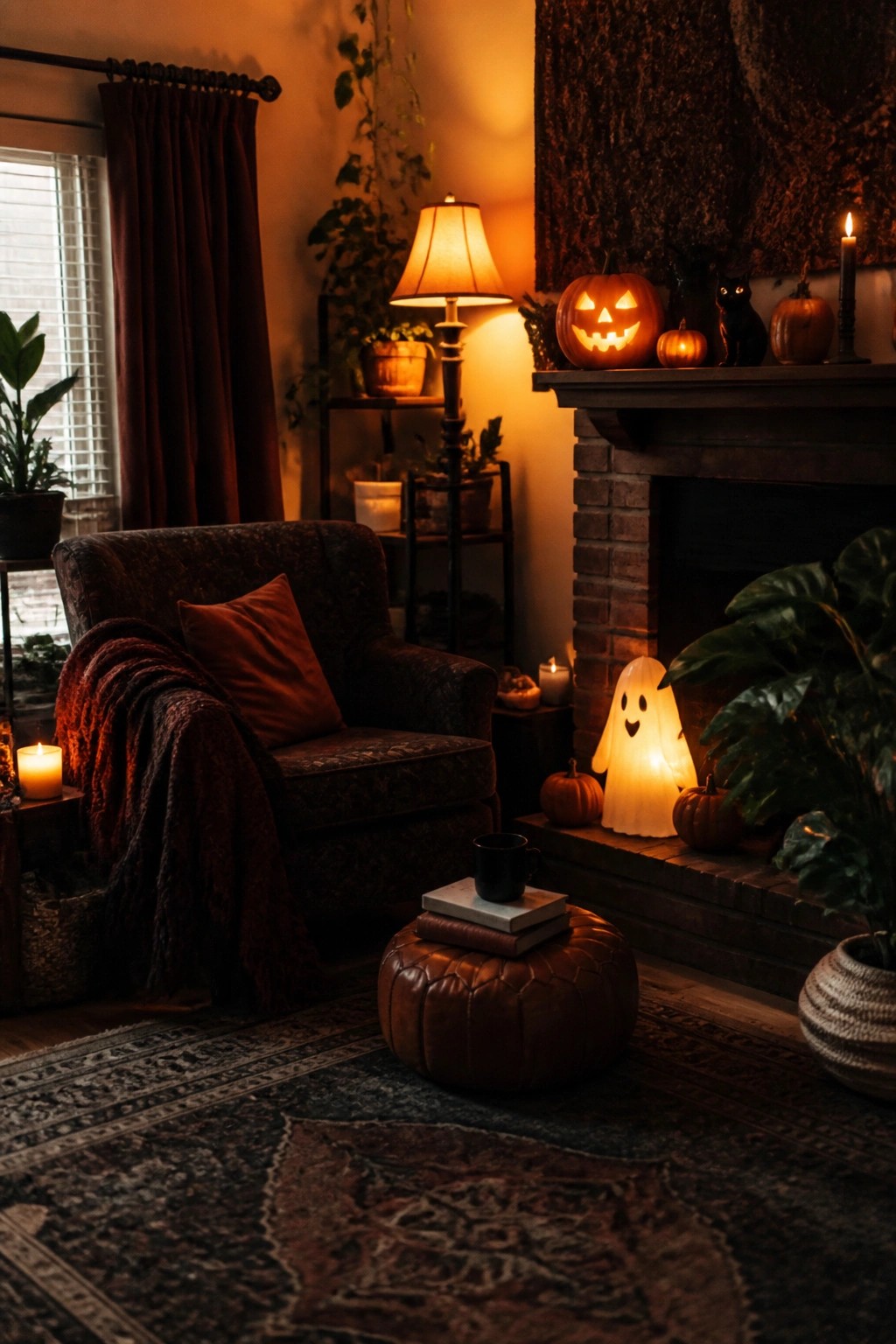 Cozy living room with glowing jack-o'-lanterns, ghost lamp, brick fireplace, and leather ottoman.