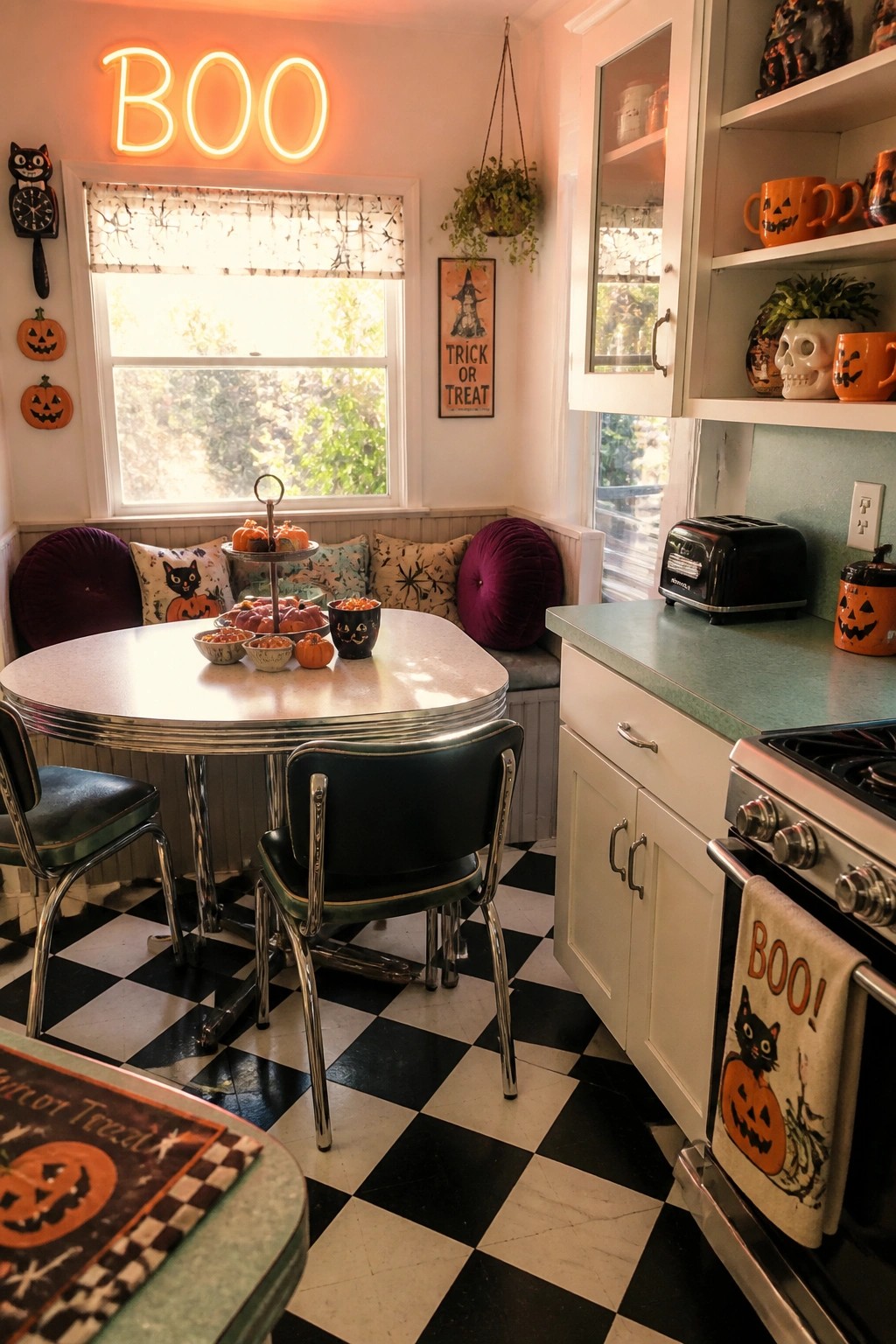 Retro kitchen nook with neon BOO sign, checkered floor, and Halloween decor