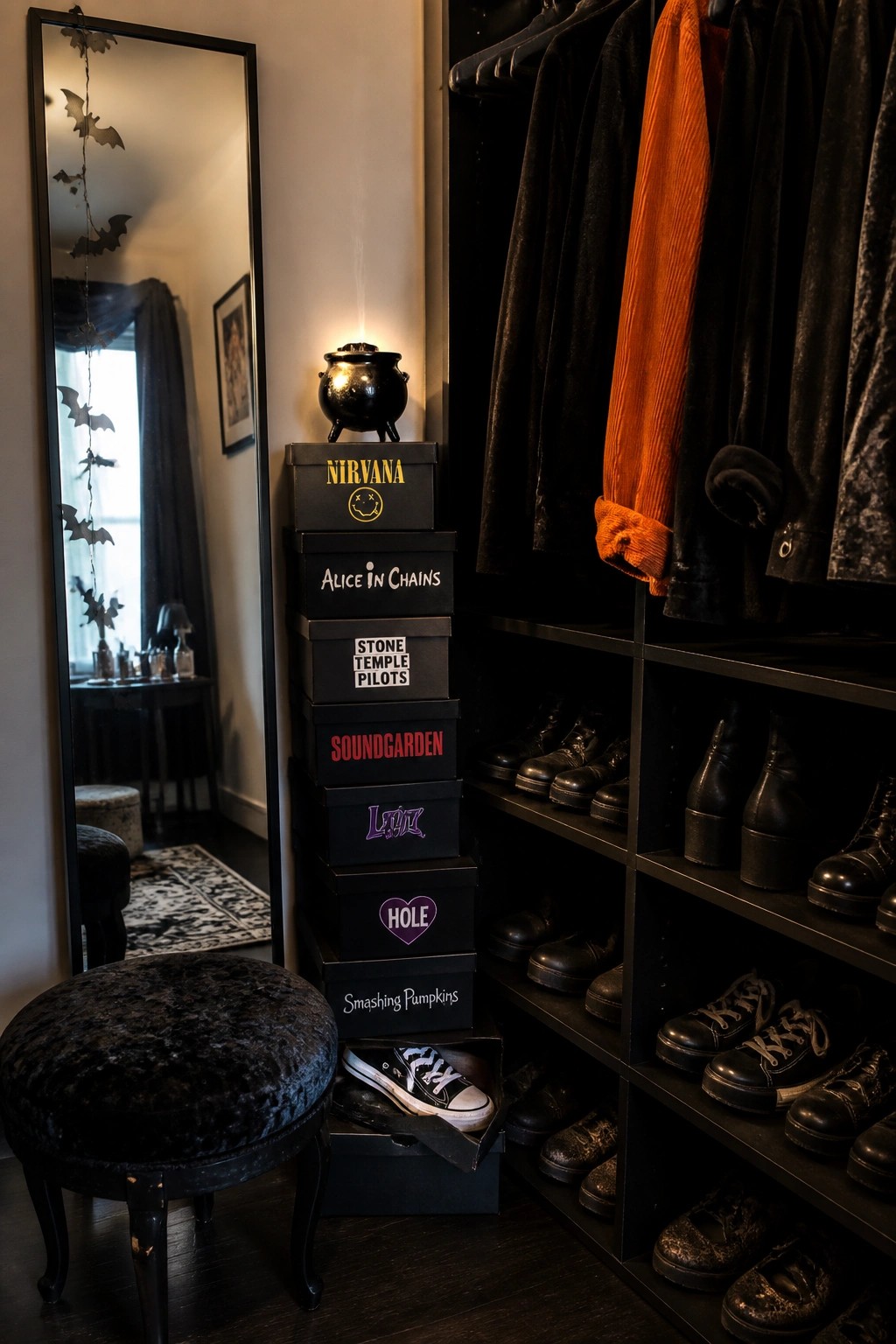 Dark closet with stacked 90s grunge band boxes, black boots, orange jacket, and bat mirror.