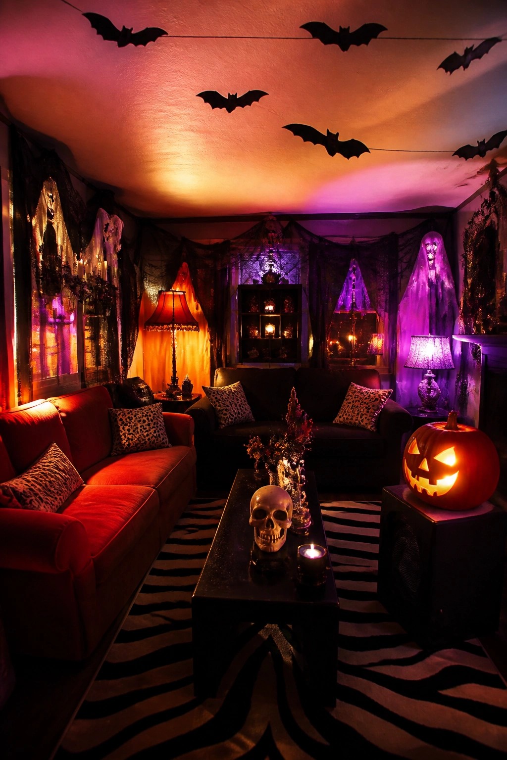 Living room with multiple black bats strung across the ceiling, ghost figures in the corners, and a glowing jack o lantern on a side table.