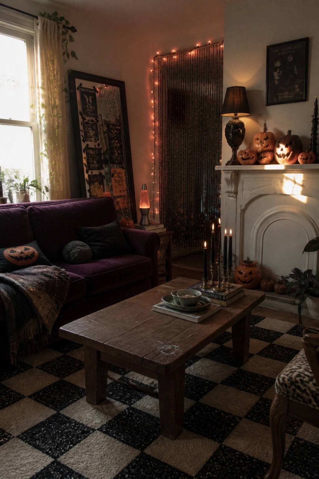 A living room with a purple sofa, wooden coffee table on a black and white checkered rug, string lights along the walls, pumpkins, candles, and a fireplace mantel.