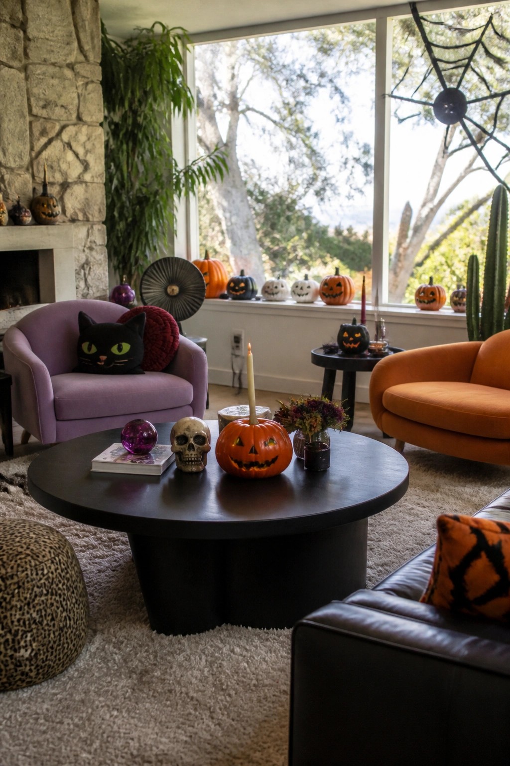 Living room coffee table with a carved jack-o'-lantern holding a lit candle, a skull, and a black cat pillow visible on a nearby purple chair.