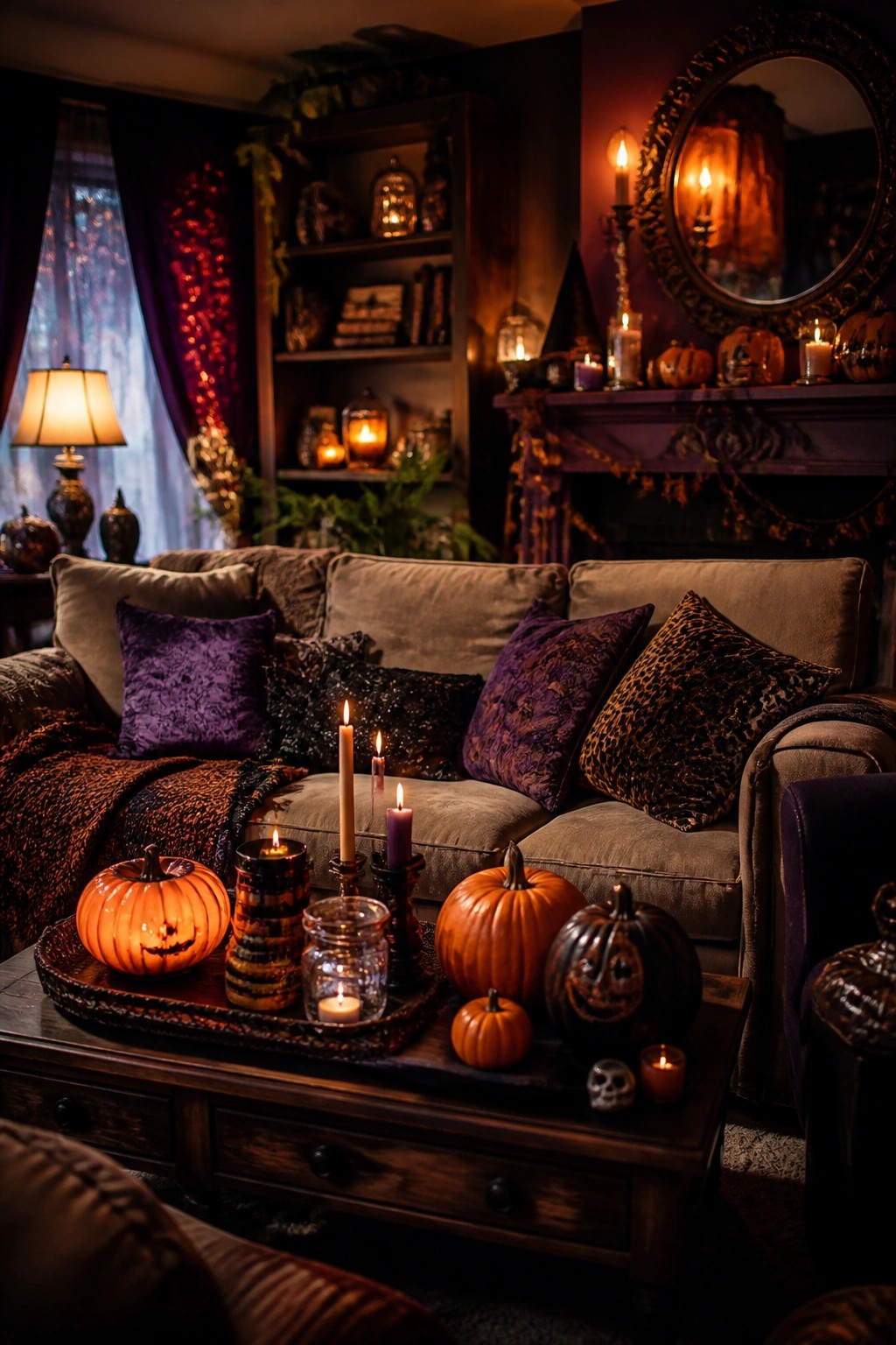 Living room coffee table with a wooden tray holding several carved jack o lanterns, lit candles, and a small skull accent.