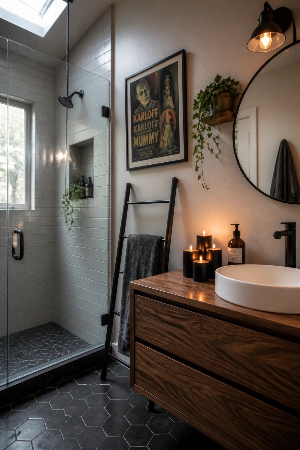 A bathroom interior shows a large framed vintage The Mummy movie poster above a dark wood vanity with a white vessel sink, black candles, and a round mirror.