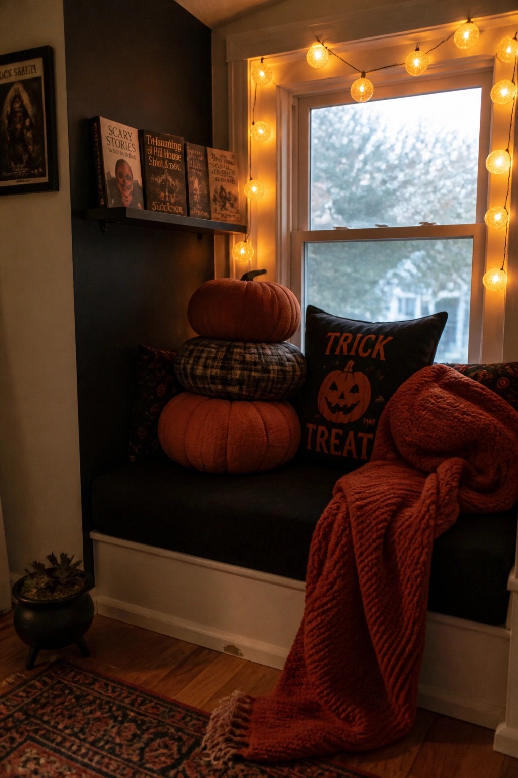 A dark-painted interior window seat with stacked fabric pumpkins, a black trick or treat pillow, an orange knit blanket, string lights around the window frame, and horror books on a floating shelf above.
