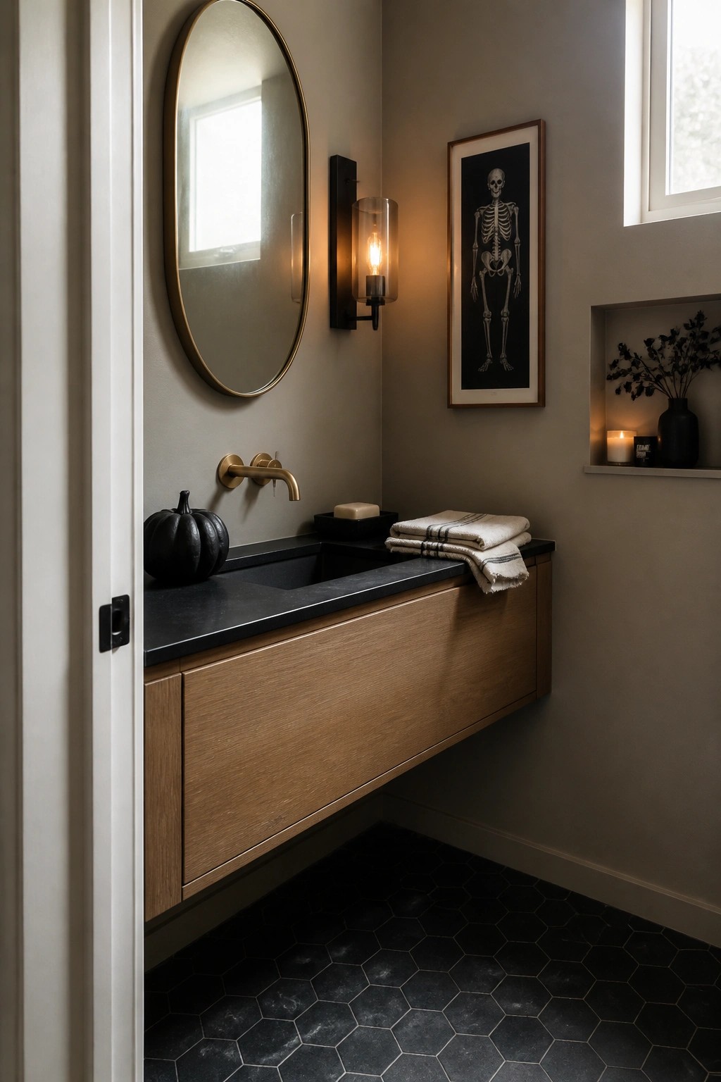 A bathroom with a floating wood vanity, black countertop, round mirror above the sink, and a black pumpkin resting on the left side of the counter.