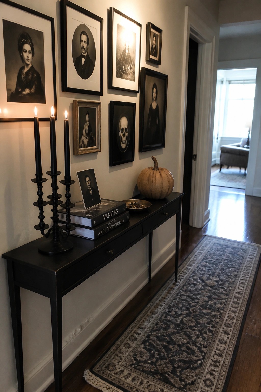 A black console table in a hallway displays black candlesticks, stacked books, and a pumpkin beneath a gallery wall of framed black and white portraits.