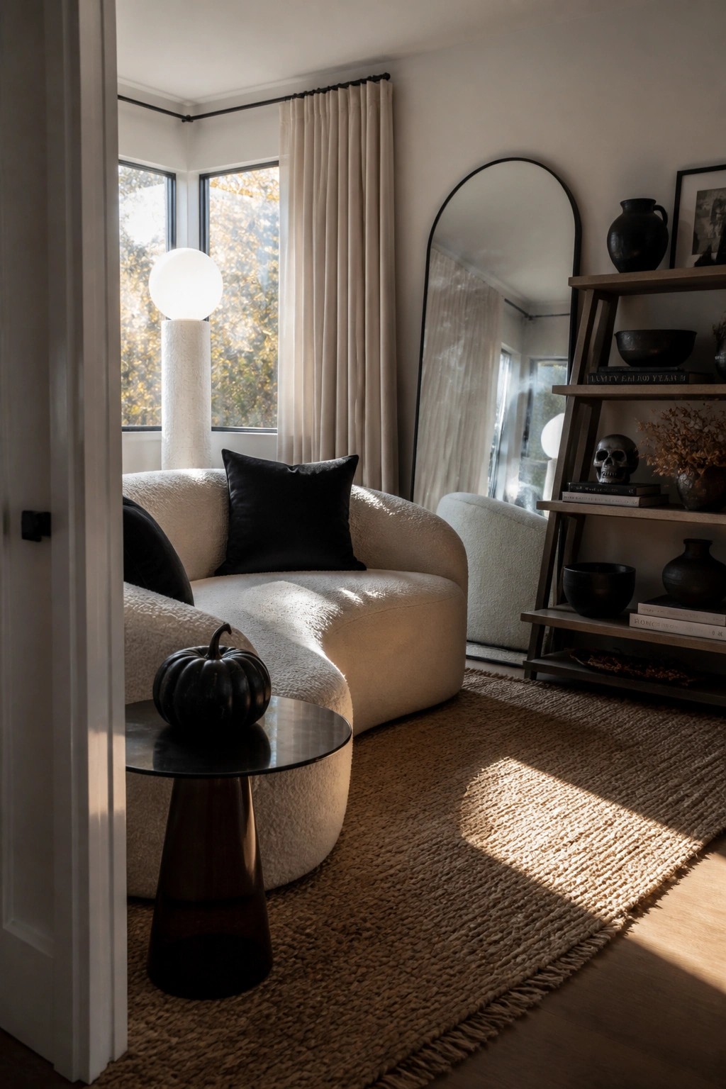 Sunlit modern living room with white bouclé sofa, black accents, arched mirror, and jute rug.