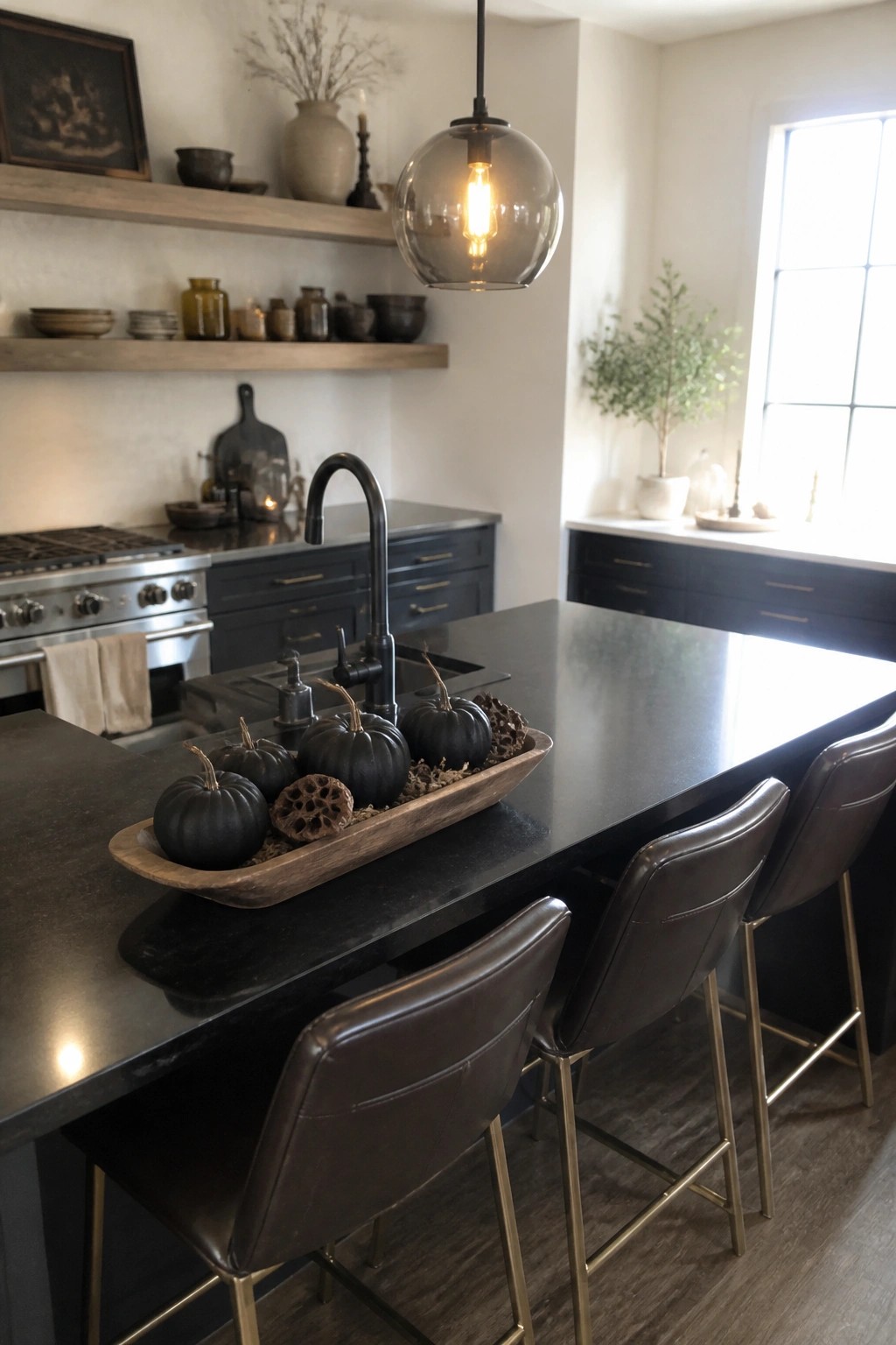 A modern kitchen with a dark island topped by a long wooden bowl holding several black pumpkins, brown leather bar stools in front, and open wood shelves with pottery in the background.