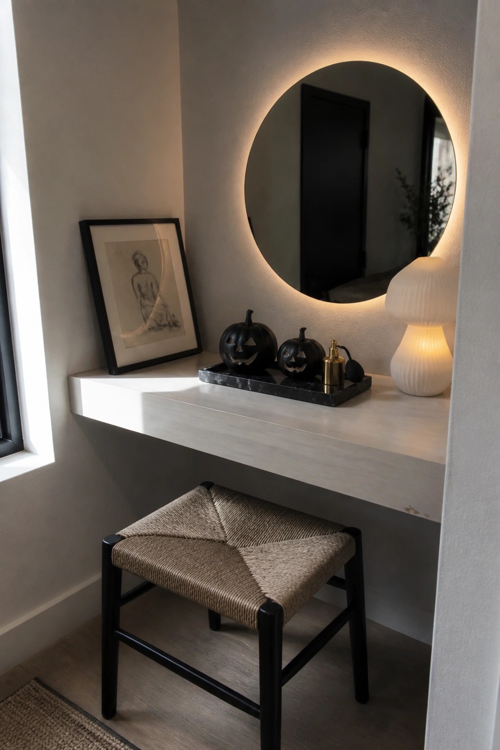 A floating light wood vanity with a round backlit mirror above it, a woven stool below, and two small black pumpkins on a marble tray.