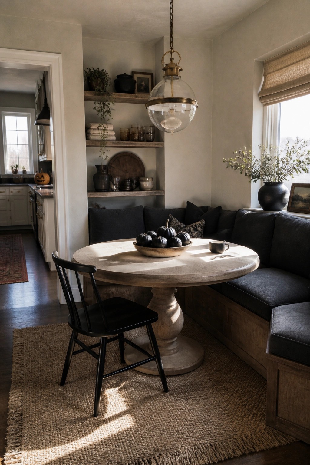 Cozy rustic dining nook with round wooden table, black bench, pumpkins, and pendant light