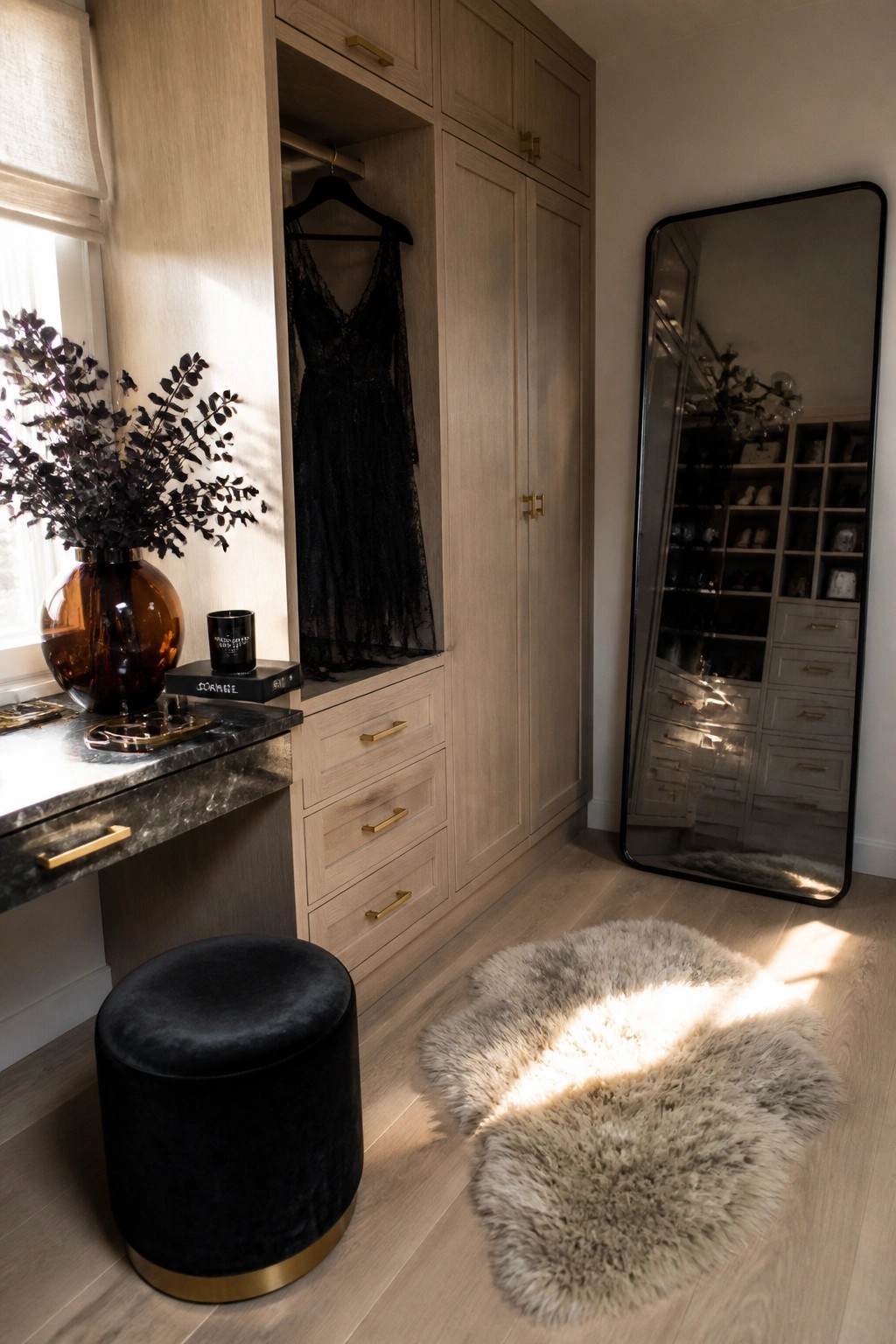 A light wood built-in closet with open hanging space showing a black lace dress, a marble-top vanity with a brown glass vase, a black velvet stool, and a tall black-framed mirror on the right.