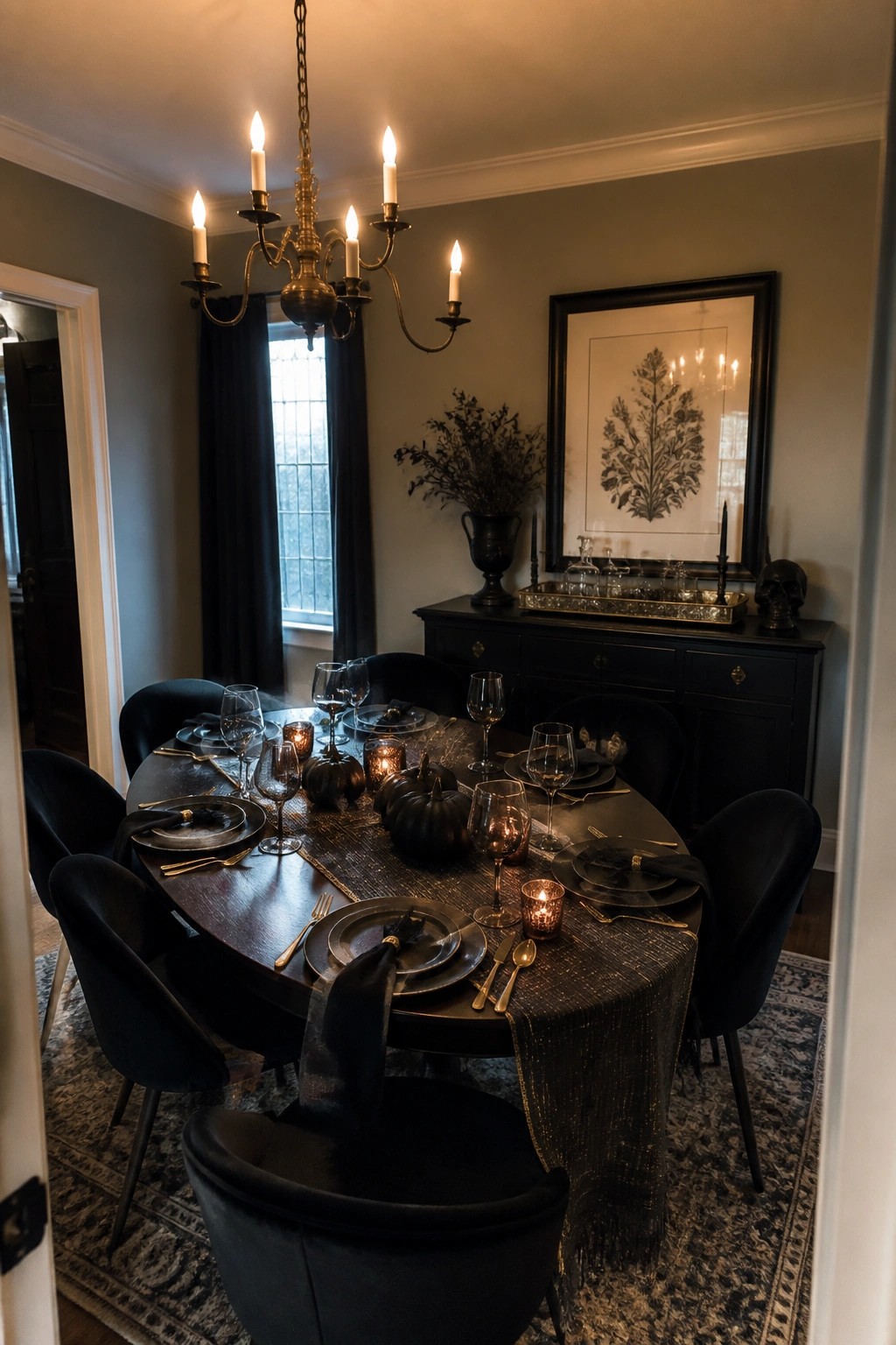 A formal dining room with a dark wood table set for eight, featuring black plates, black pumpkins, candles, and black velvet chairs under a lit chandelier.
