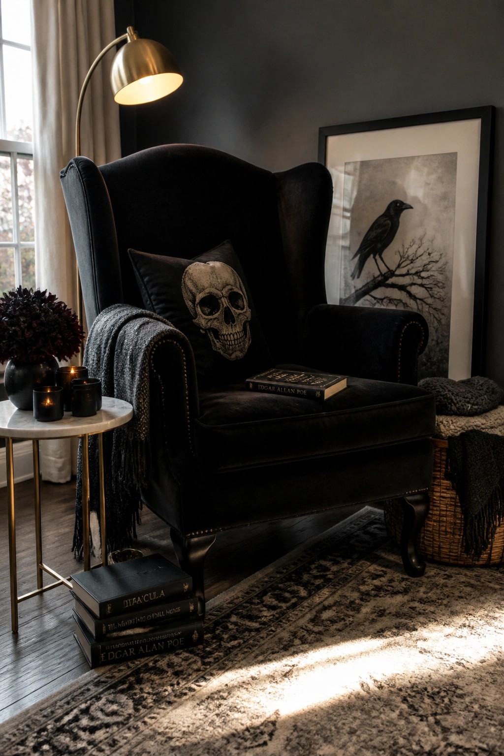 A black velvet wingback chair with a skull pillow and an Edgar Allan Poe book sits in a dark room beside a side table with candles and a framed raven print on the wall.
