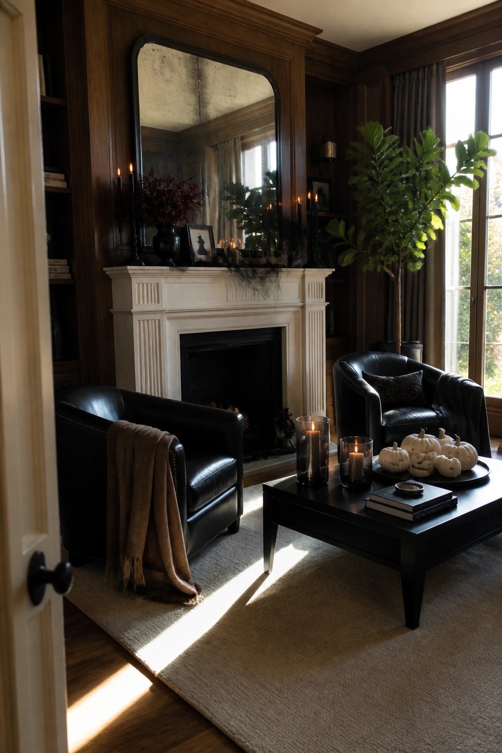 Cozy dark-paneled living room with white fireplace, black leather chairs, and candlelit pumpkin table.