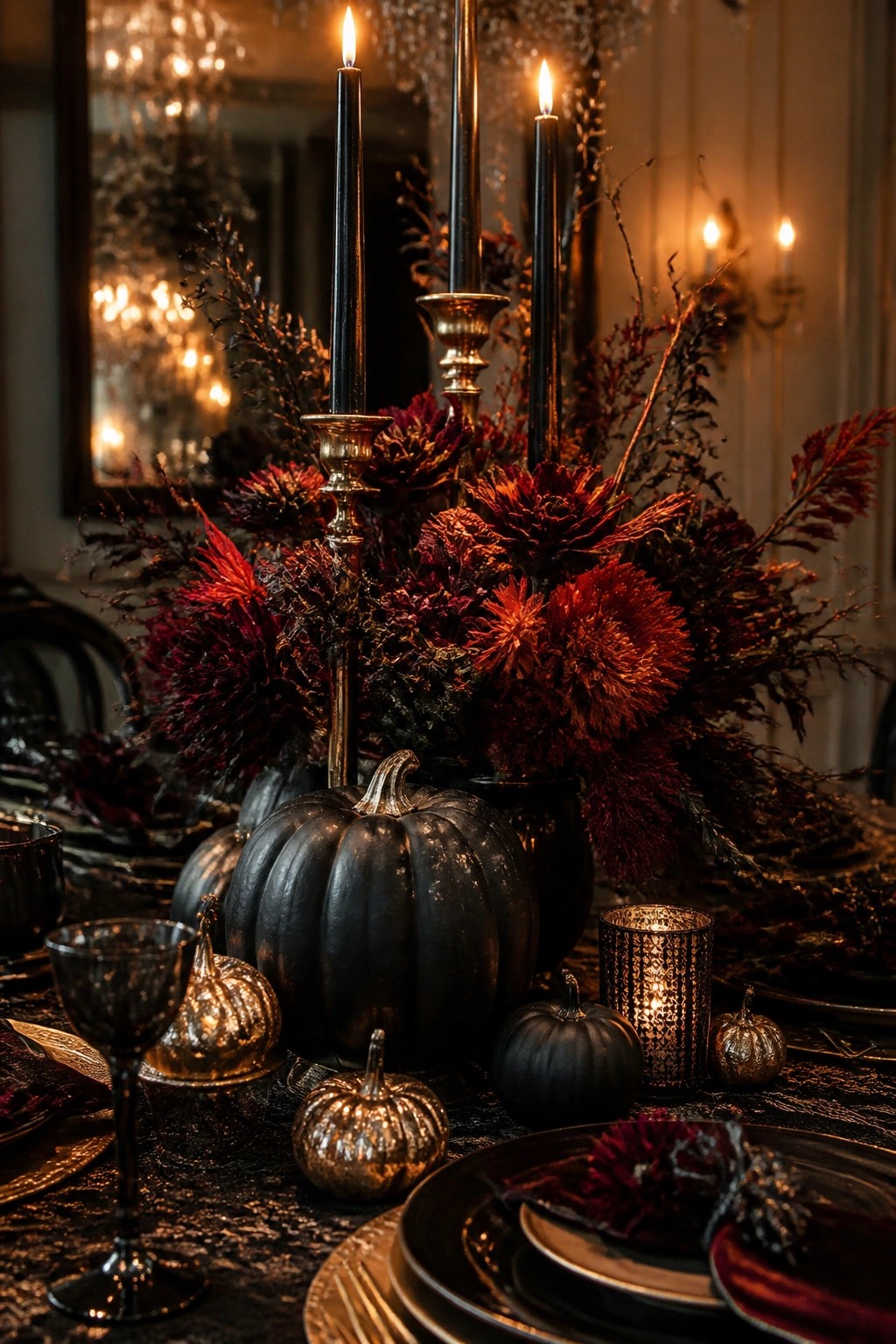 Dining table centerpiece featuring black pumpkins, tall black candles, and dark red and black flowers in a formal Halloween tablescape.