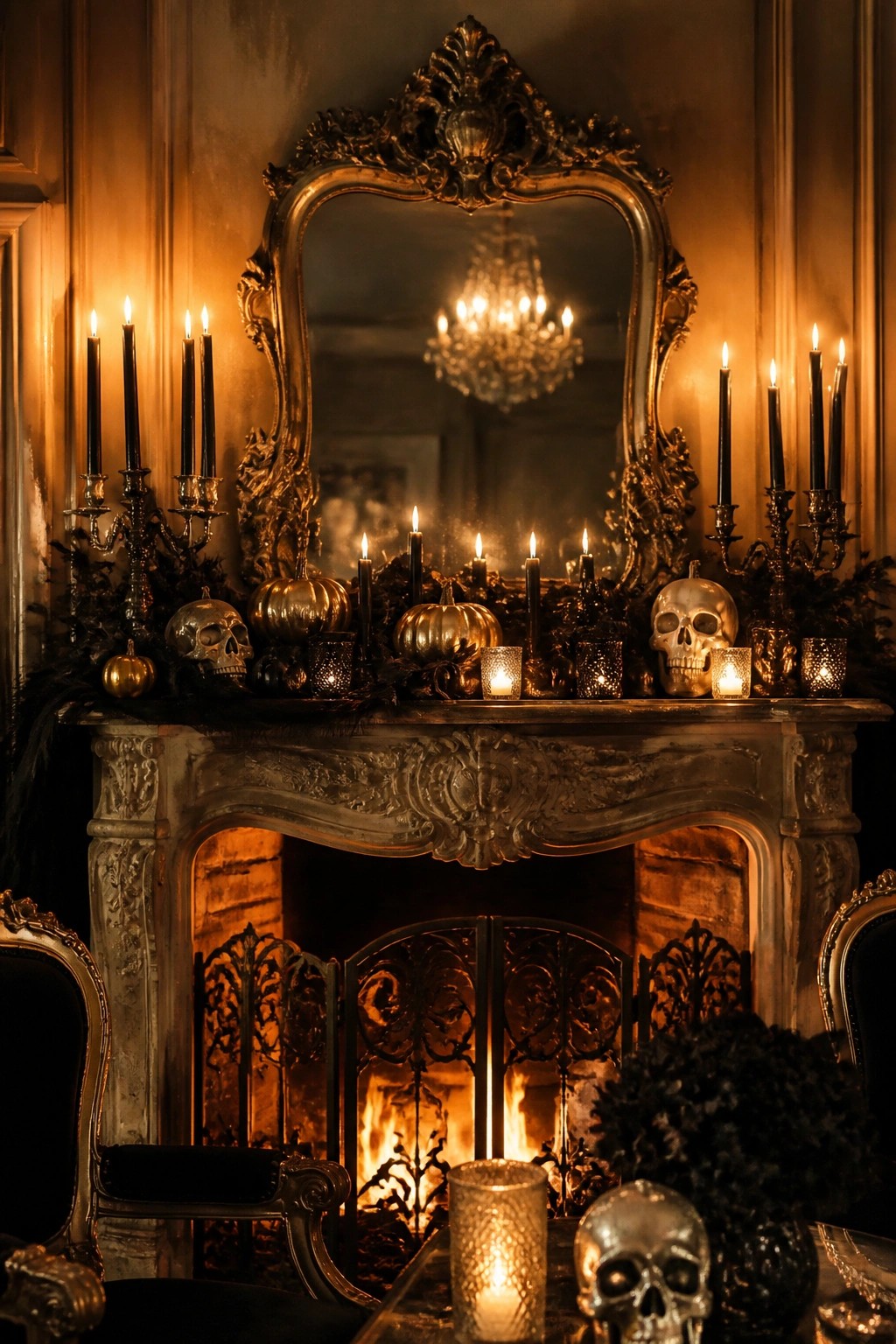 Fireplace mantel styled with silver skulls, gold pumpkins, black taper candles, and small votives in front of an ornate gold mirror.