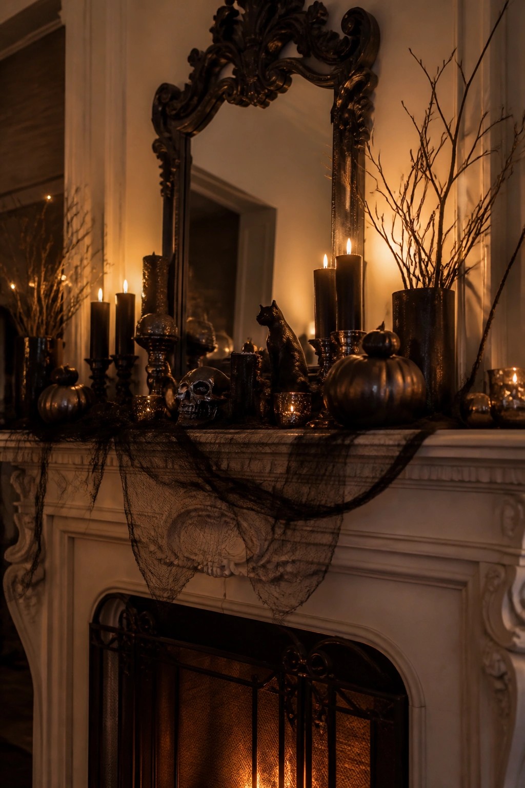 White fireplace mantel styled for Halloween with black candles, skulls, a black cat figurine, dark pumpkins, and black netting.
