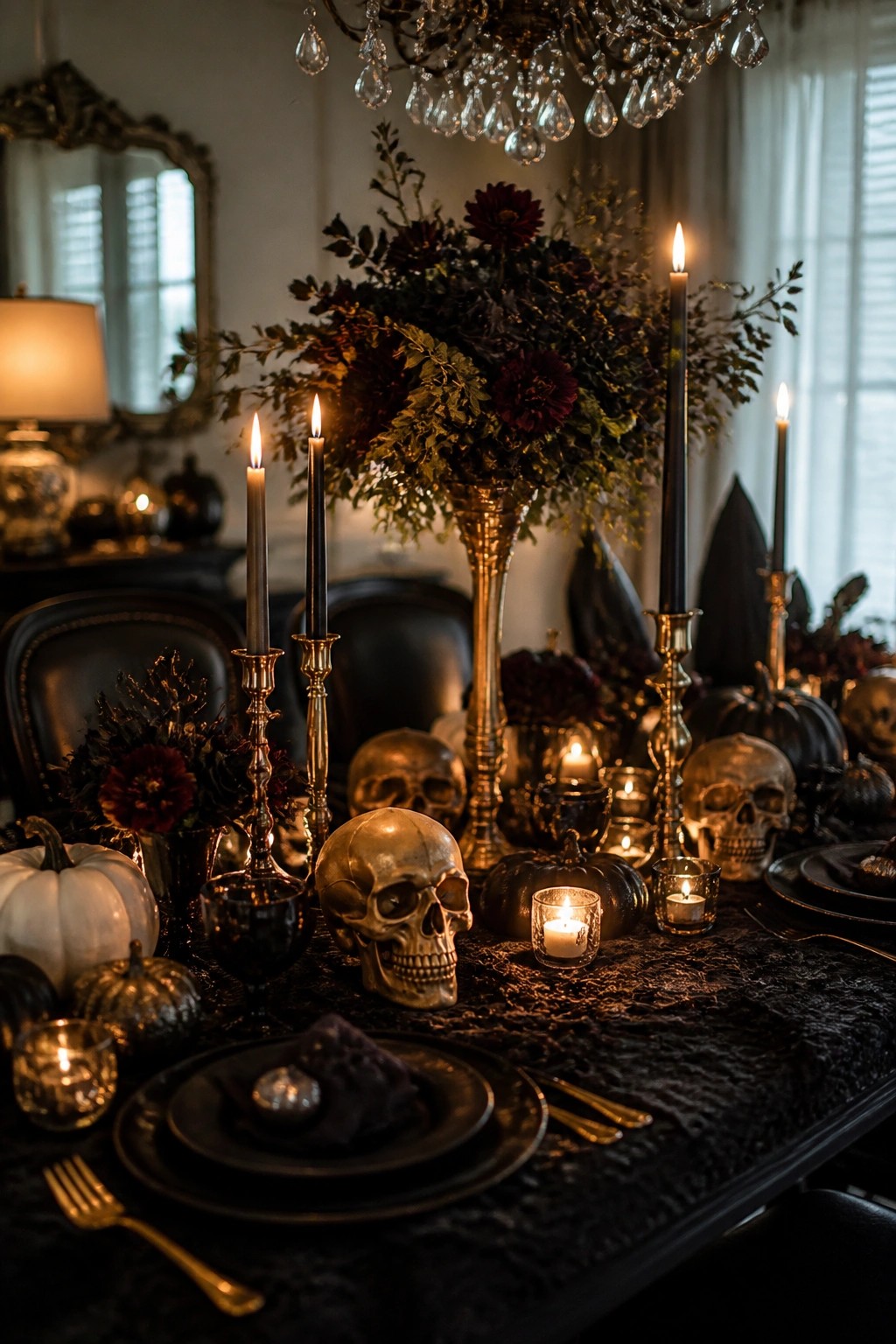 Dining table styled for Halloween with metallic skulls, black taper candles, dark flowers, and black place settings on a dark tablecloth.