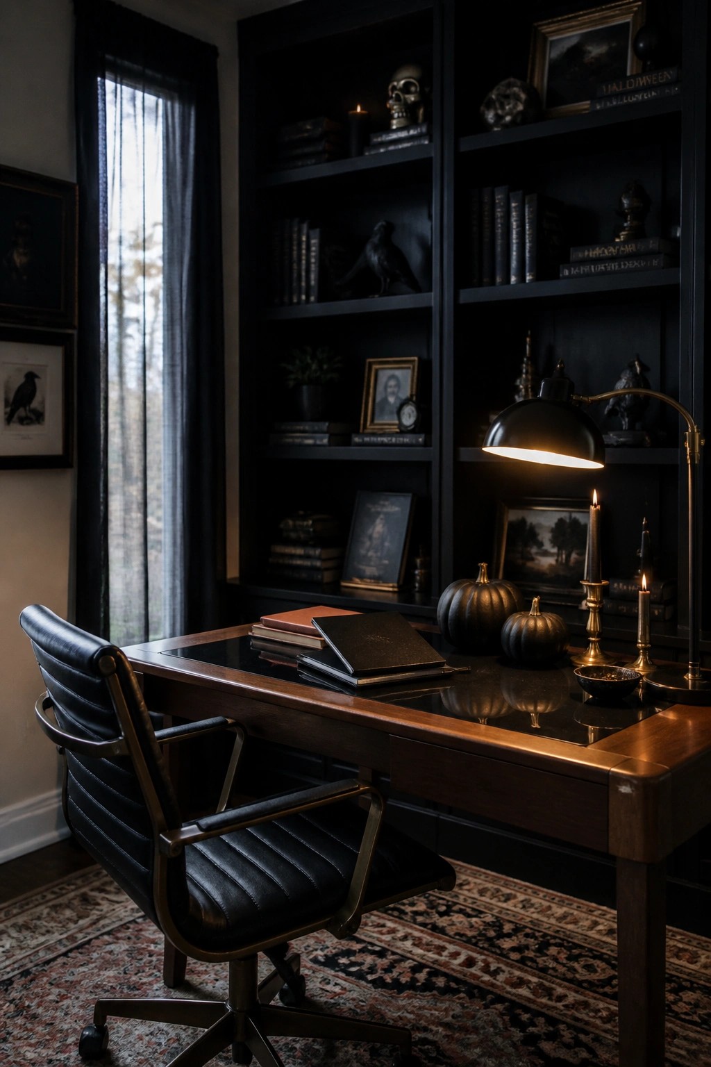 A dark home office with black built-in bookshelves, a wooden desk holding black pumpkins and candles, and a black leather office chair on a patterned rug.