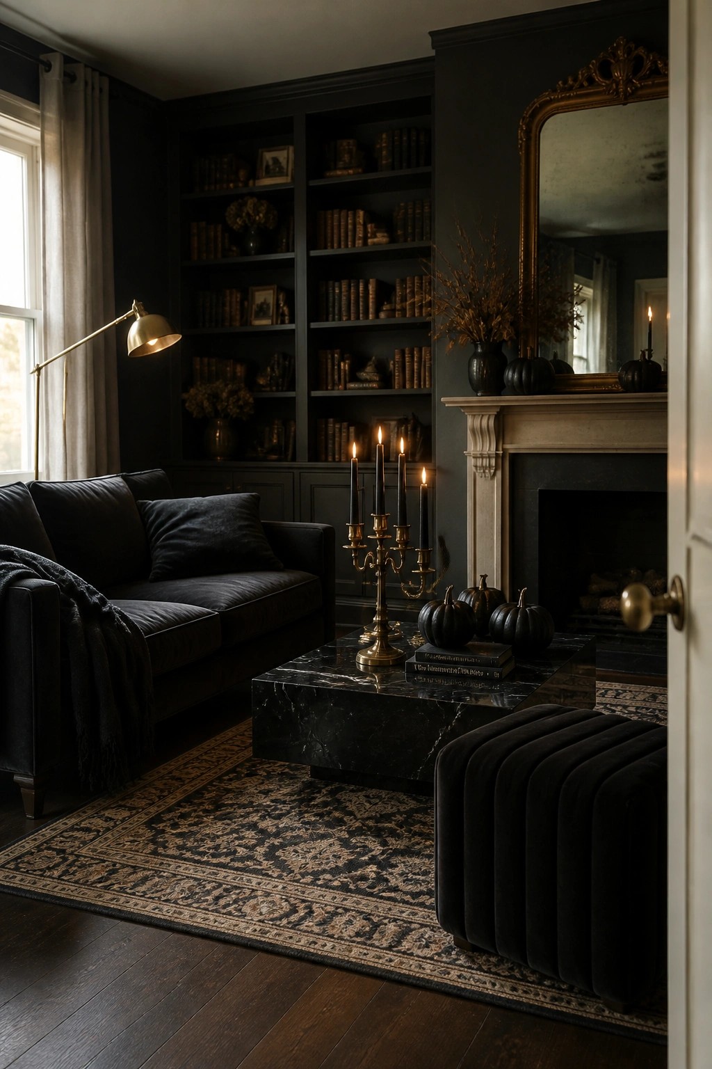 Dark living room with black sofa, marble table, bookshelves, and candlelit fireplace.