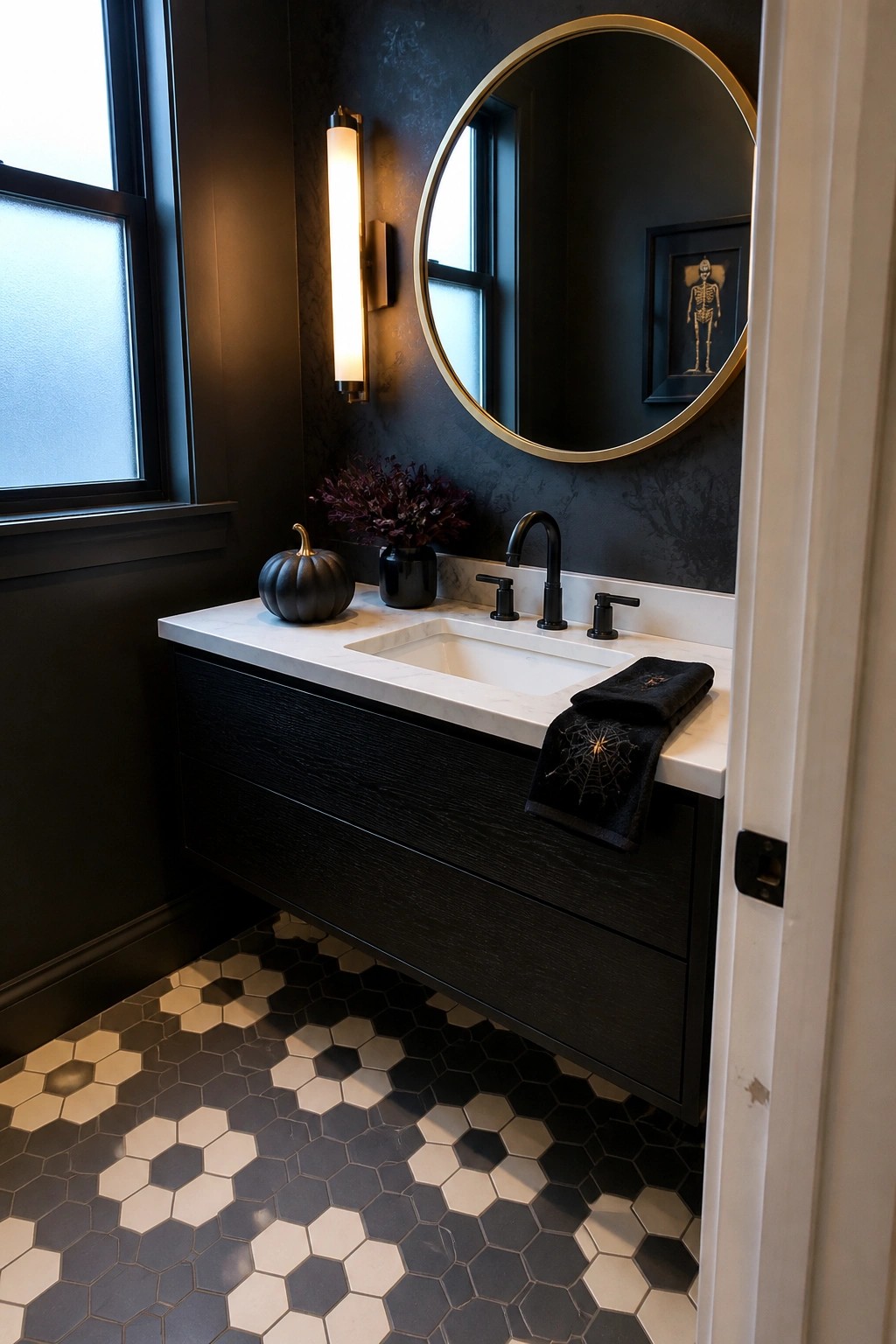 Bathroom with dark textured walls, black floating vanity, white marble countertop, round gold mirror, black fixtures, and subtle Halloween accents.