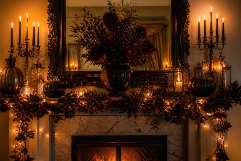 White fireplace mantel styled for Halloween with black candles, skulls, a black cat figurine, dark pumpkins, and black netting.