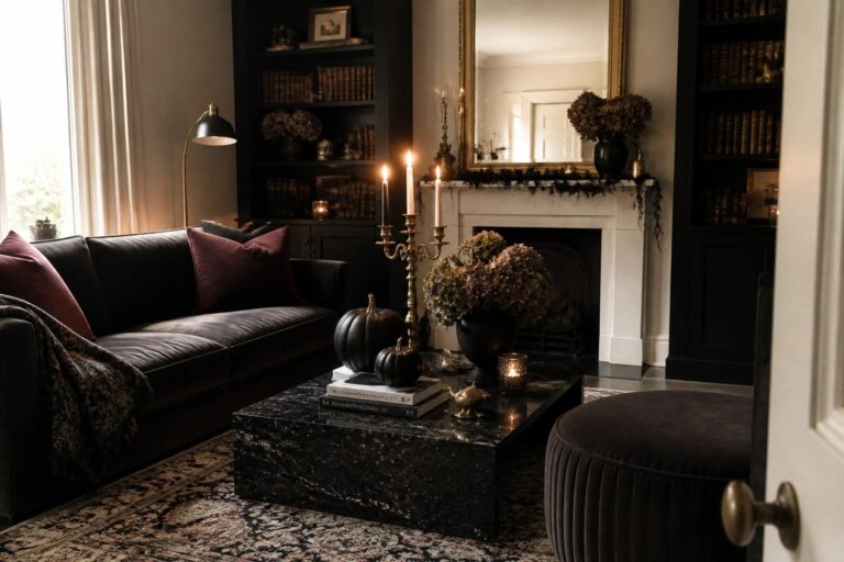 Dark living room with black sofa, marble table, bookshelves, and candlelit fireplace.