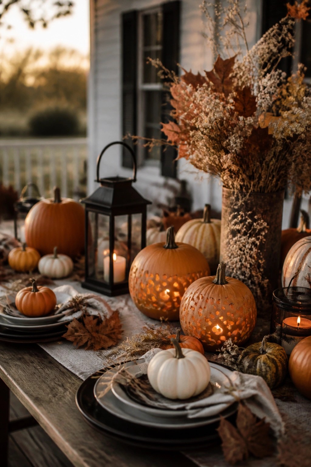 Rustic autumn table with glowing carved pumpkins, lanterns, and fall leaves on porch at dusk.