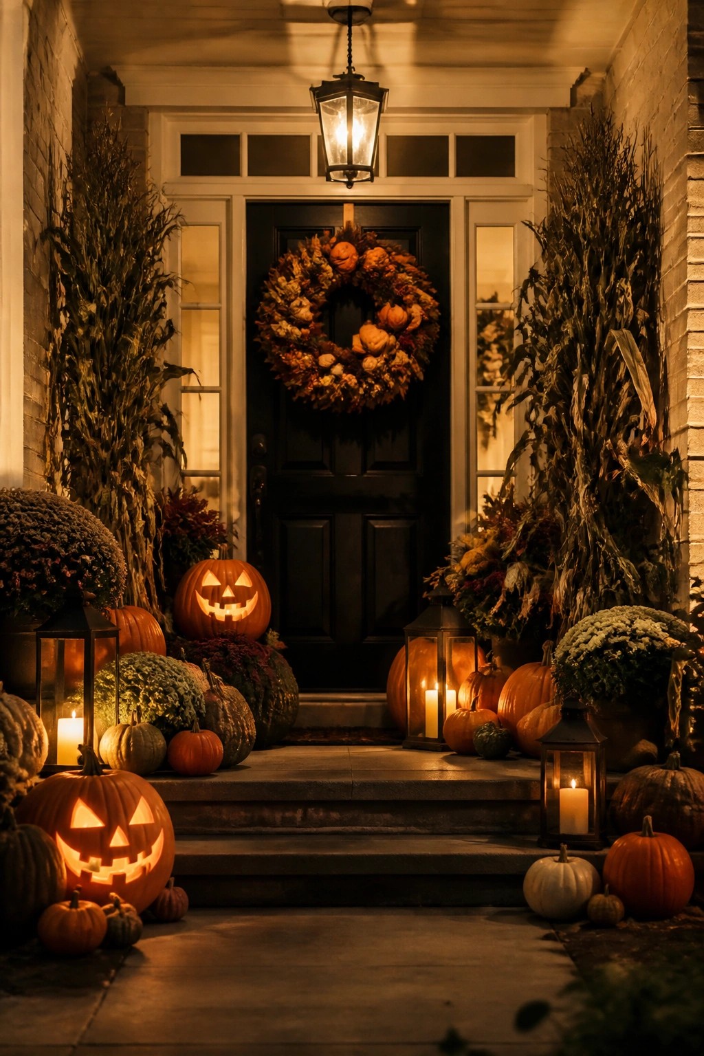 Front porch steps lined with carved glowing jack-o'-lanterns and lanterns in front of a black door with an autumn wreath.