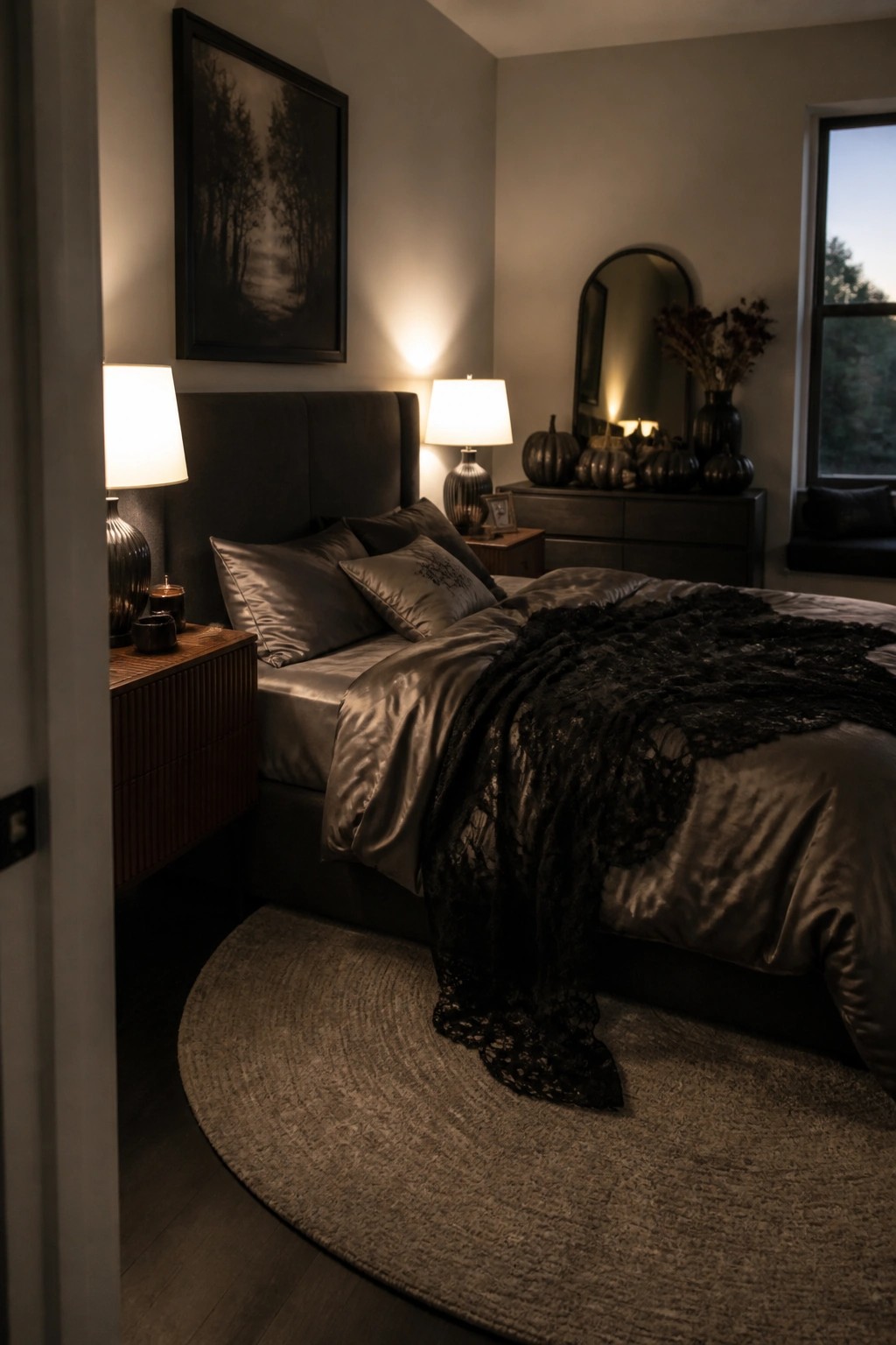 A bedroom with a dark upholstered bed dressed in gray satin sheets and pillows, a black lace throw draped across it, two lit table lamps, and black pumpkins arranged on a dresser beneath an arched mirror.