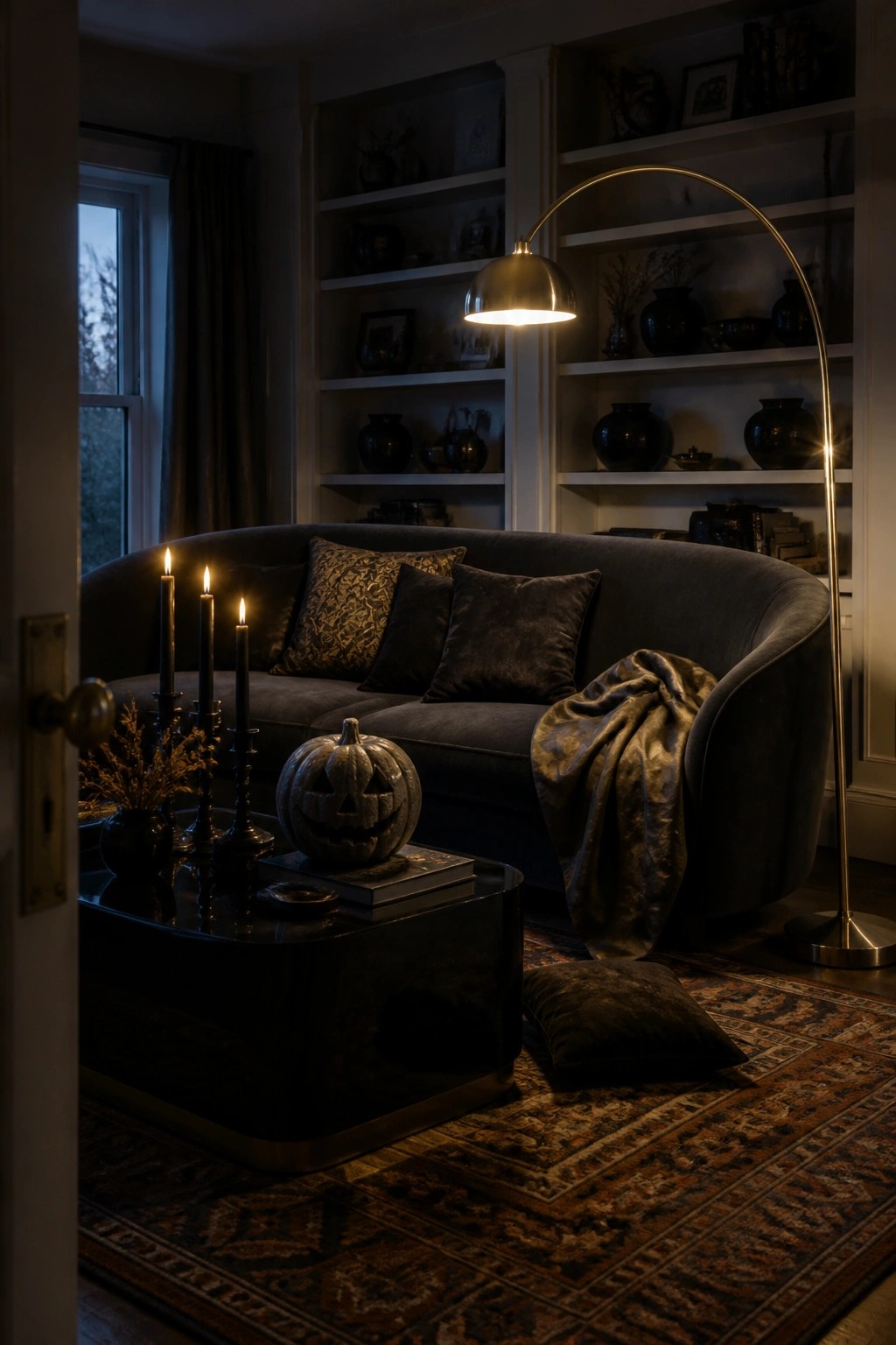 Dimly lit lounge with curved sofa, jack-o'-lantern, lit candles, arched floor lamp, patterned rug