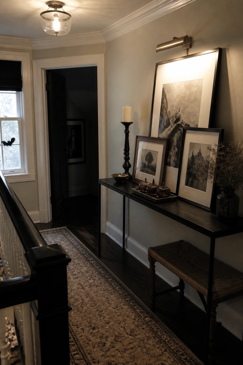 Elegant hallway with dark console table, framed artwork, candle, pumpkins, woven bench, and runner rug.