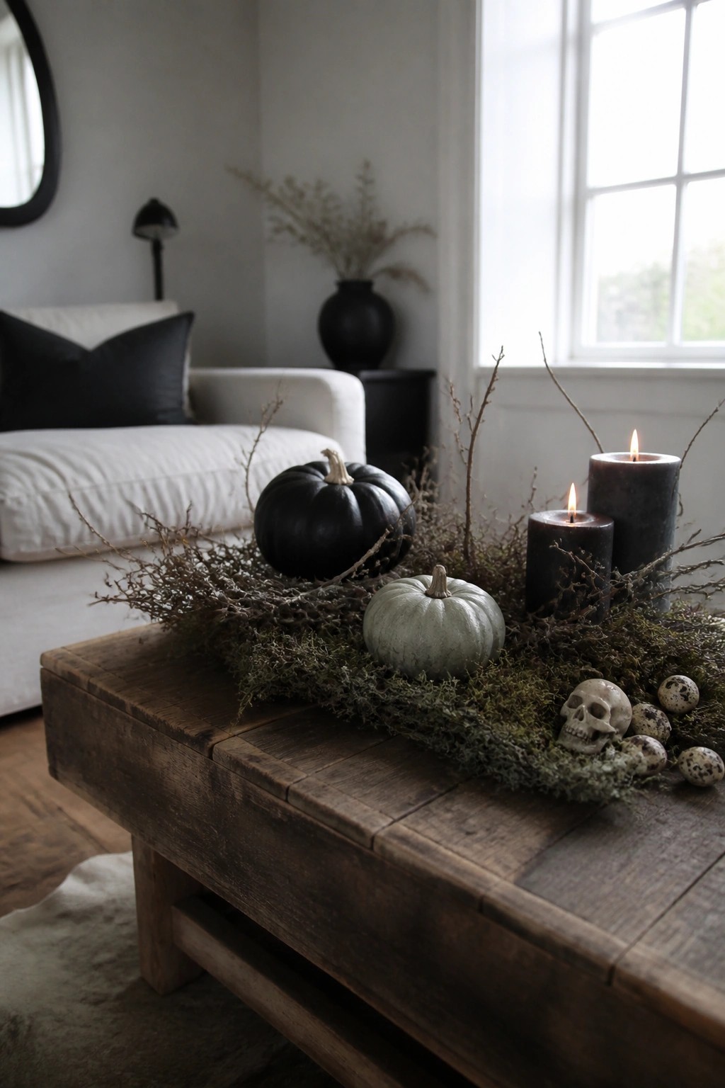 Wooden coffee table holding a moss and twig arrangement with black and pale pumpkins, two dark pillar candles, a small skull, and speckled eggs.