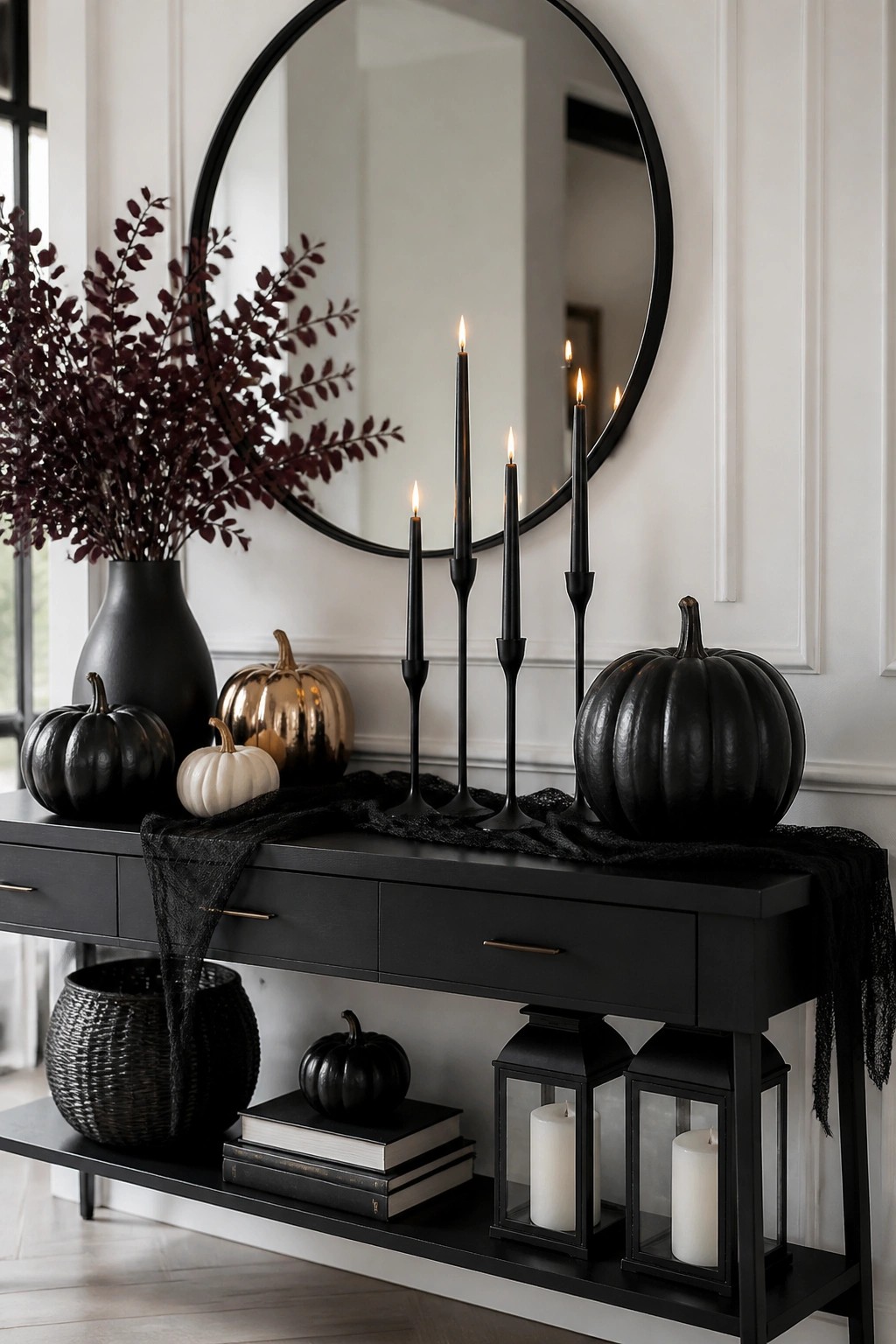 Black console table styled with tall black taper candles, black and metallic pumpkins, and black lanterns on the lower shelf beneath a round mirror.