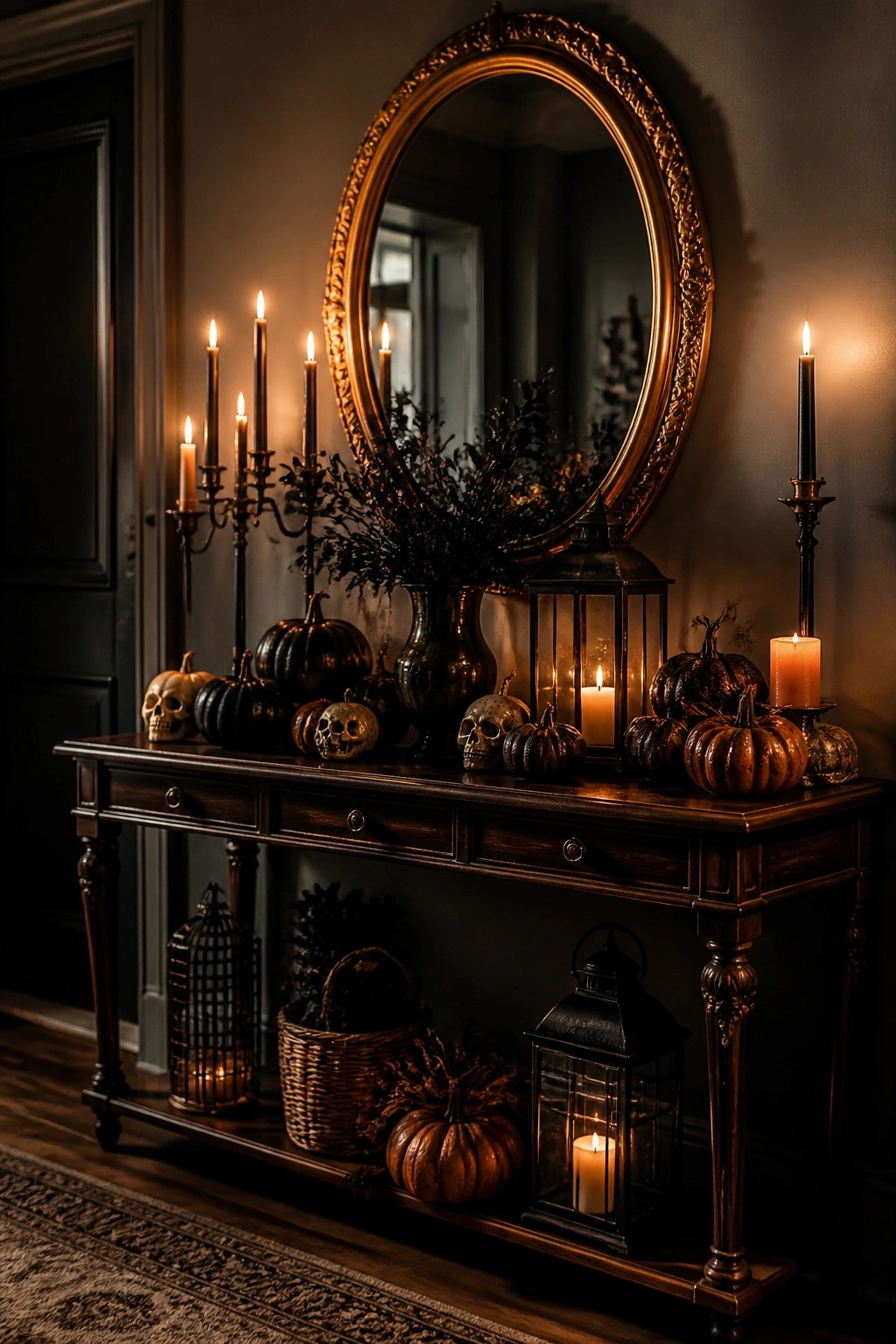 Dark console table with black pumpkins, skulls, candles, lanterns beneath ornate gold mirror.