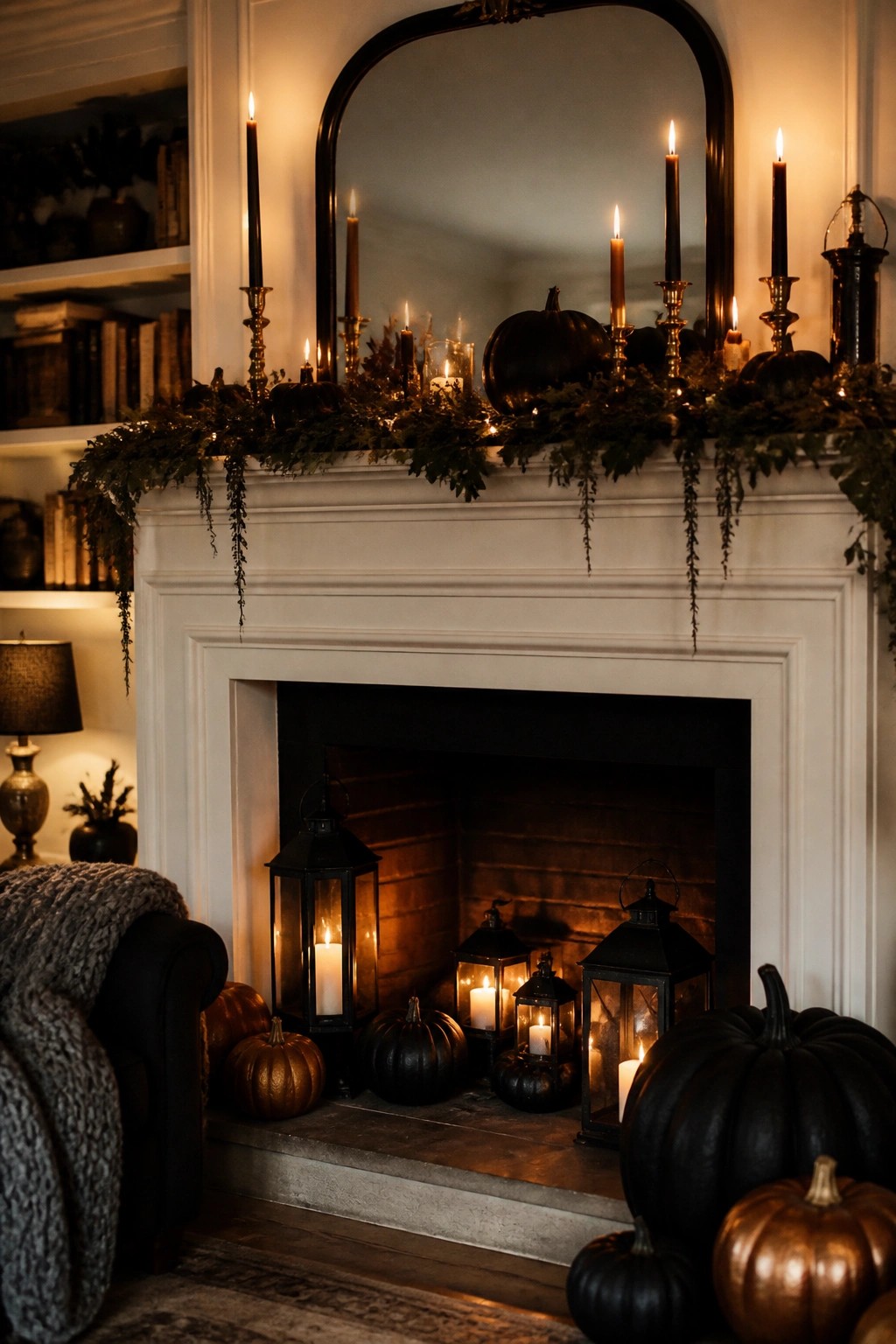White fireplace mantel decorated with black taper candles in brass holders, black and copper pumpkins, black lanterns, and a greenery garland.